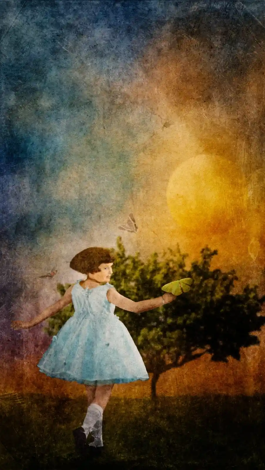 A girl in a blue dress, her eyes locked on a green moth perched on her hand. The sky, an unsettled blend of stormy blues and burning amber, frames her against a twilight world. Moths flit like fading memories, a tree stretches its branches like grasping fingers. She stands in a dreamscape on the edge of dusk and dawn, where magic lingers in the air, waiting to be breathed in.