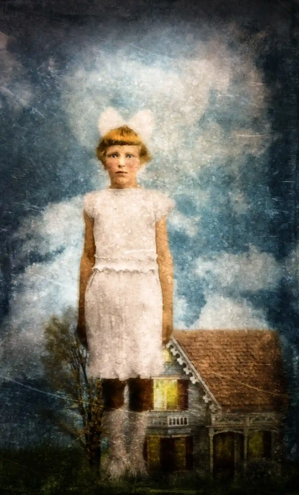 A solemn girl stands tall, framed against a sky that churns with secrets. Her white dress is stark against the stormy blue, a large bow perched atop her head. Below, a Victorian house, its window glowing like a watching eye, hides beneath her hemline. She is sentinel and mystery, bound to this house by a story only the wind remembers. She gazes forward, challenging what lies beyond, unyielding and eternal.