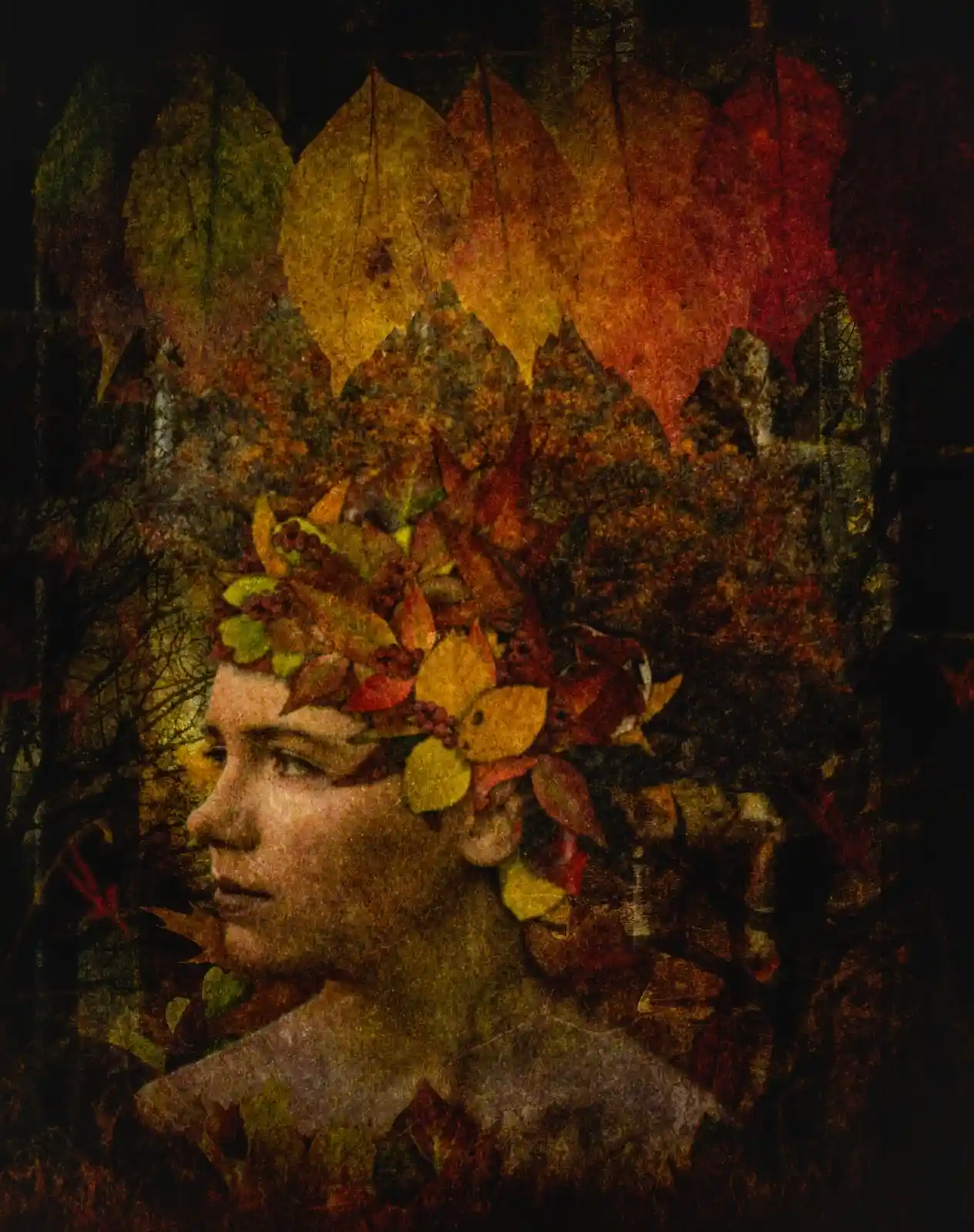 A young woman stands, half in shadow, her hair adorned with a crown of autumn leaves—golden, amber, and crimson. Her face is calm, almost serene, like a forest spirit emerging from the fading twilight of a dying season. Above her, leaves cascade down like whispers of change, a fading reminder that even beauty has its time and will soon fall back into the waiting earth.