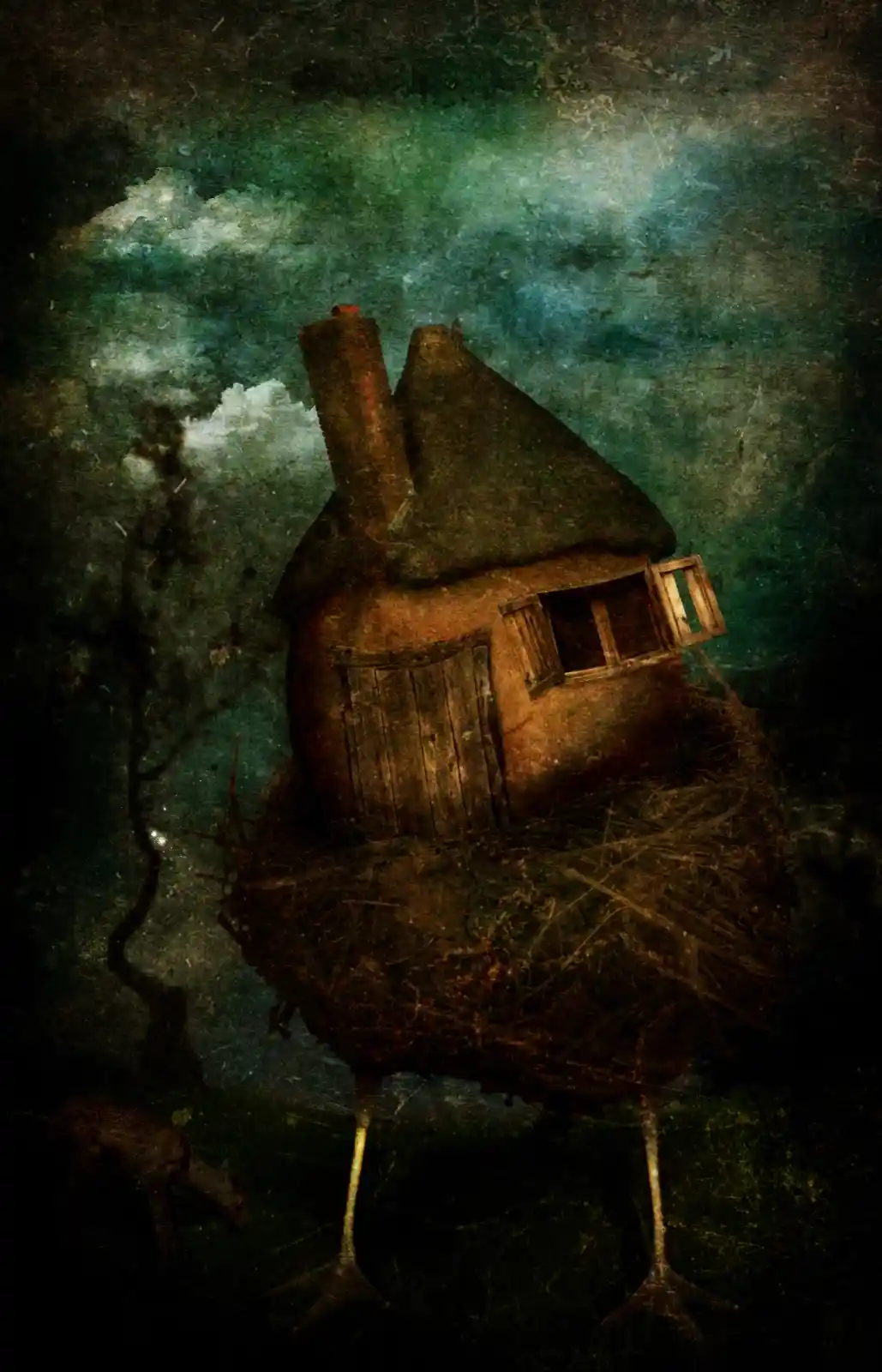 A crooked little house perched precariously on giant chicken legs, deep in a dark, enchanted forest. Its windows are slightly ajar, and its wooden walls are warped with age and secrets. The sky above is bruised with twilight hues, and twisted trees reach out like skeletal fingers. A faint glow emanates from within, hinting at strange magic and even stranger occupants, waiting just out of sight.