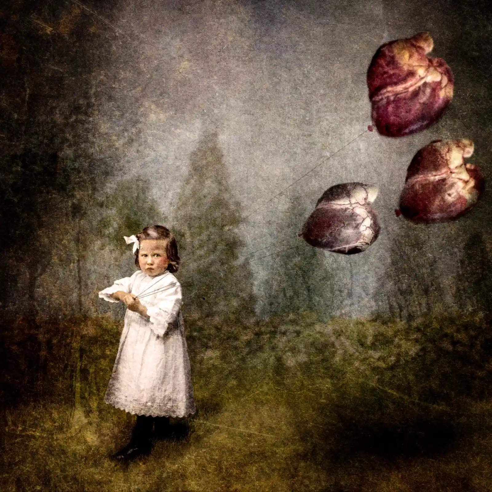 A young girl, small and solemn, holds strings that rise into the misty air, tethered to floating, heart-shaped balloons—vivid and crimson, as if they were plucked from the chest of some mythical beast. She stands alone in a hazy field, the ground barely visible beneath a muted fog. Her expression is timeless, a mix of curiosity and unease, caught between innocence and the mysteries held aloft.