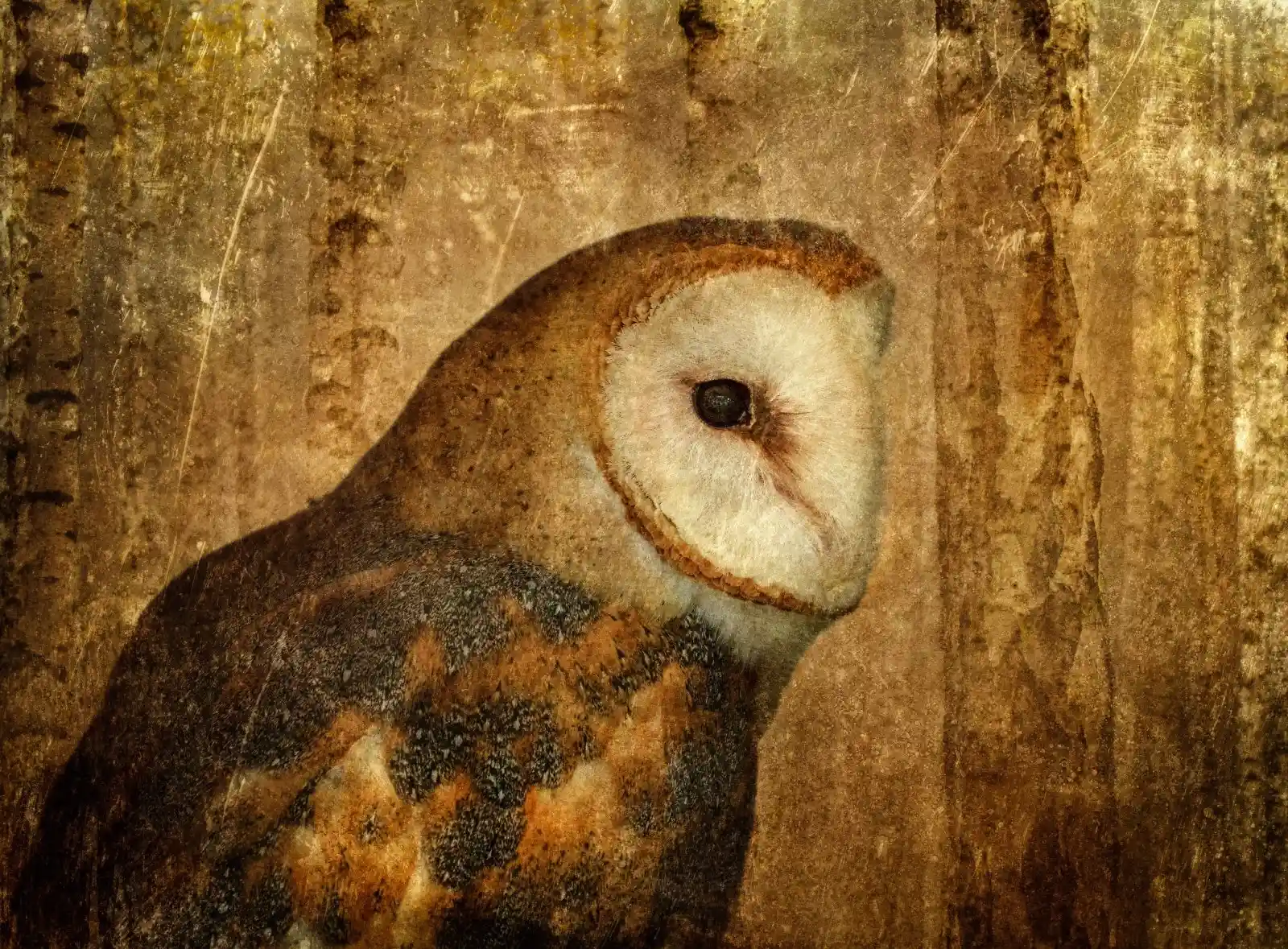 A barn owl, eyes as deep as the forest night, perched against a backdrop of ancient birch trees. The world around it seems to blur and fade, leaving only the owl in sharp relief—a guardian spirit of twilight, holding within it the silence of long-forgotten secrets. It is both ethereal and ever-present, like a memory that refuses to fade.