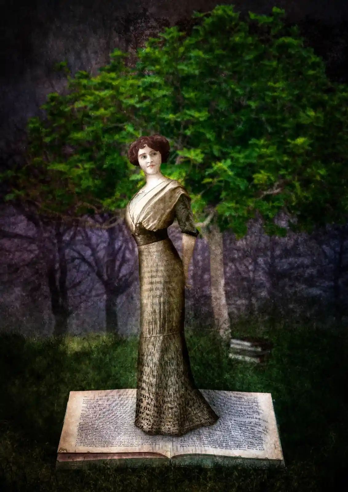 A woman stands tall atop an open book, her dress fading seamlessly into pages filled with words. Behind her, a lush green tree reaches skyward, juxtaposed against the muted background of leafless, twilight trees. She gazes forward, embodying both the wisdom of the written word and the mystery of the wilderness. Her presence is both a story untold and a story remembered, standing steadfast between the past and the unknown future.