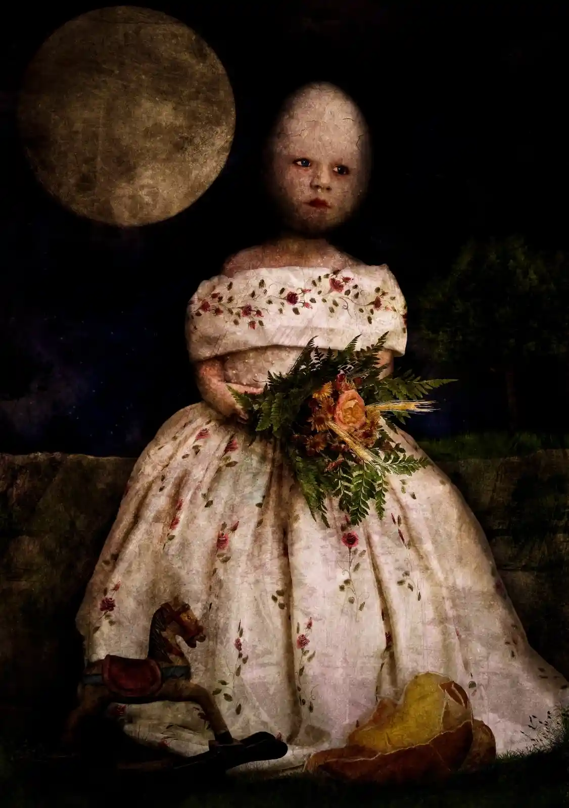 Under a full moon's gaze, a cracked porcelain figure stands in a floral dress, clasping a bouquet of wildflowers. Her face is smooth but eerie, void of features save for two unblinking eyes. A broken toy horse lies beside her, hinting at lost childhoods and forgotten dreams. The landscape is shadowy and strange, the kind where nursery rhymes turn sinister, and the moon never quite reveals all that it sees.