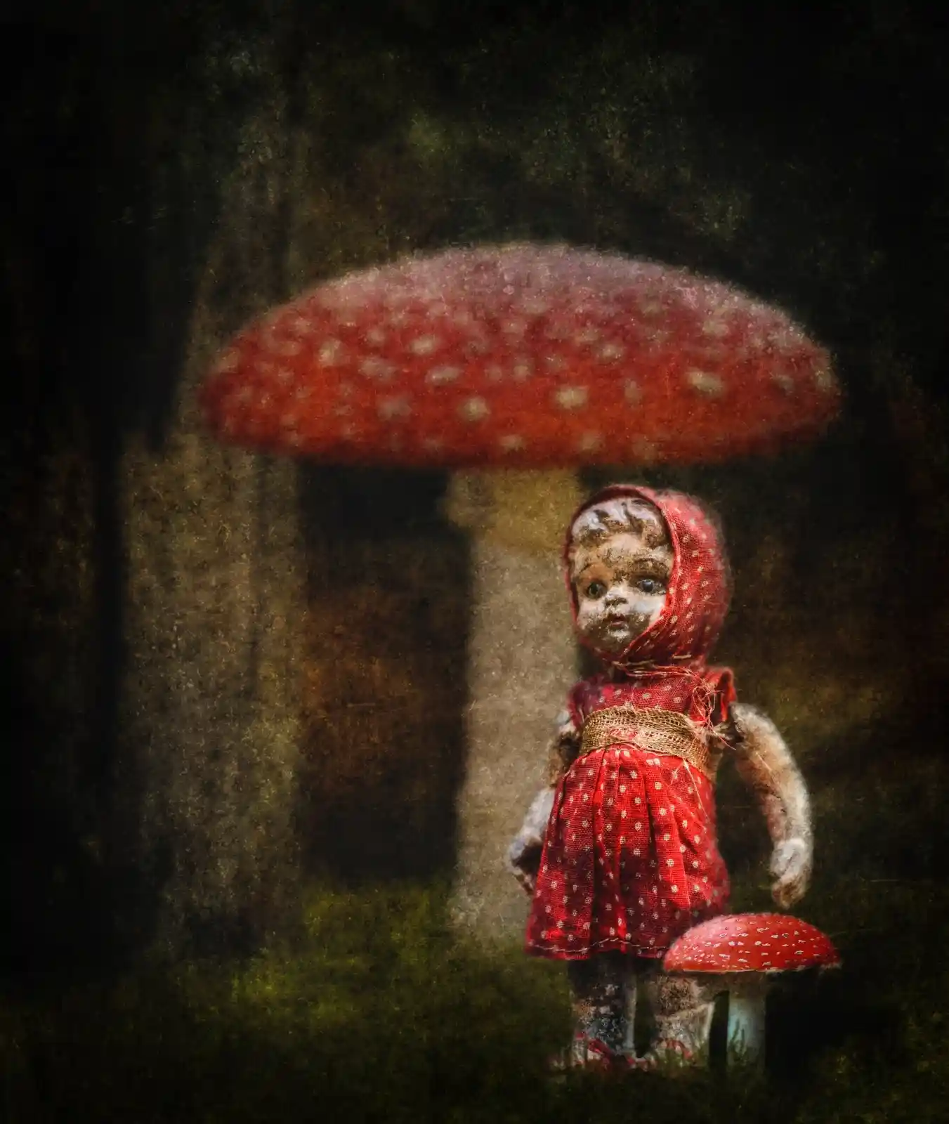 A small doll dressed in a red hooded cloak stands near a mushroom, her faded eyes staring into the shadows of the dense forest. Behind her, an oversized red toadstool looms, its cap dotted with white spots, like a warning in a fairytale turned dark. Her expression is strangely solemn, as if she knows what lies beyond the path is not for the faint of heart, but she is bound to walk it anyway.