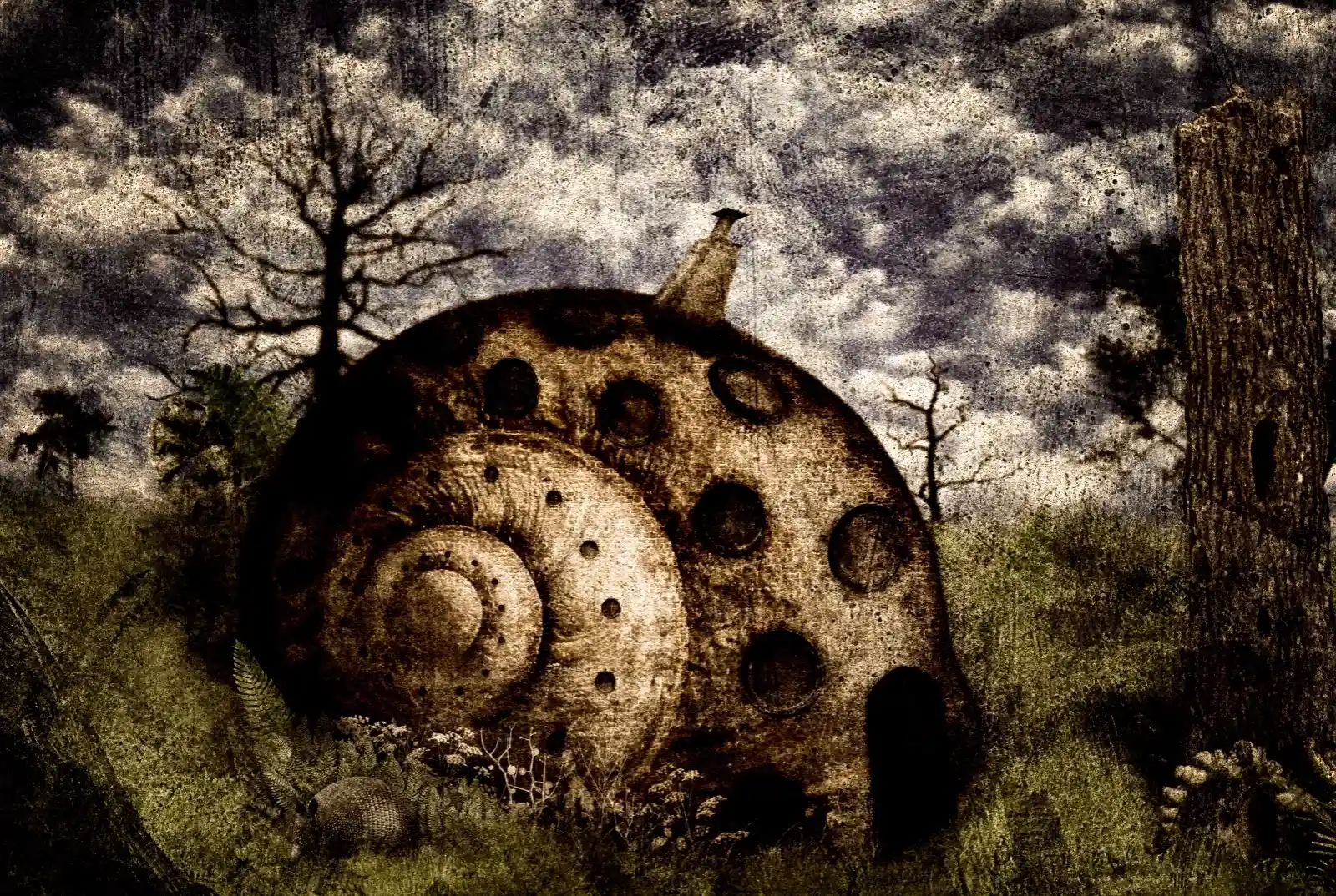 A cottage in the shape of a spiraling snail shell rests peacefully in an overgrown meadow. Tiny windows punctuate its curved walls like eyes watching the distant, stormy sky. The scene is both whimsical and unsettling, a storybook page twisted by shadows. The quiet tranquility of the grass and ferns is juxtaposed against the stark, leafless trees, as if this home has nestled itself away from both time and prying eyes.