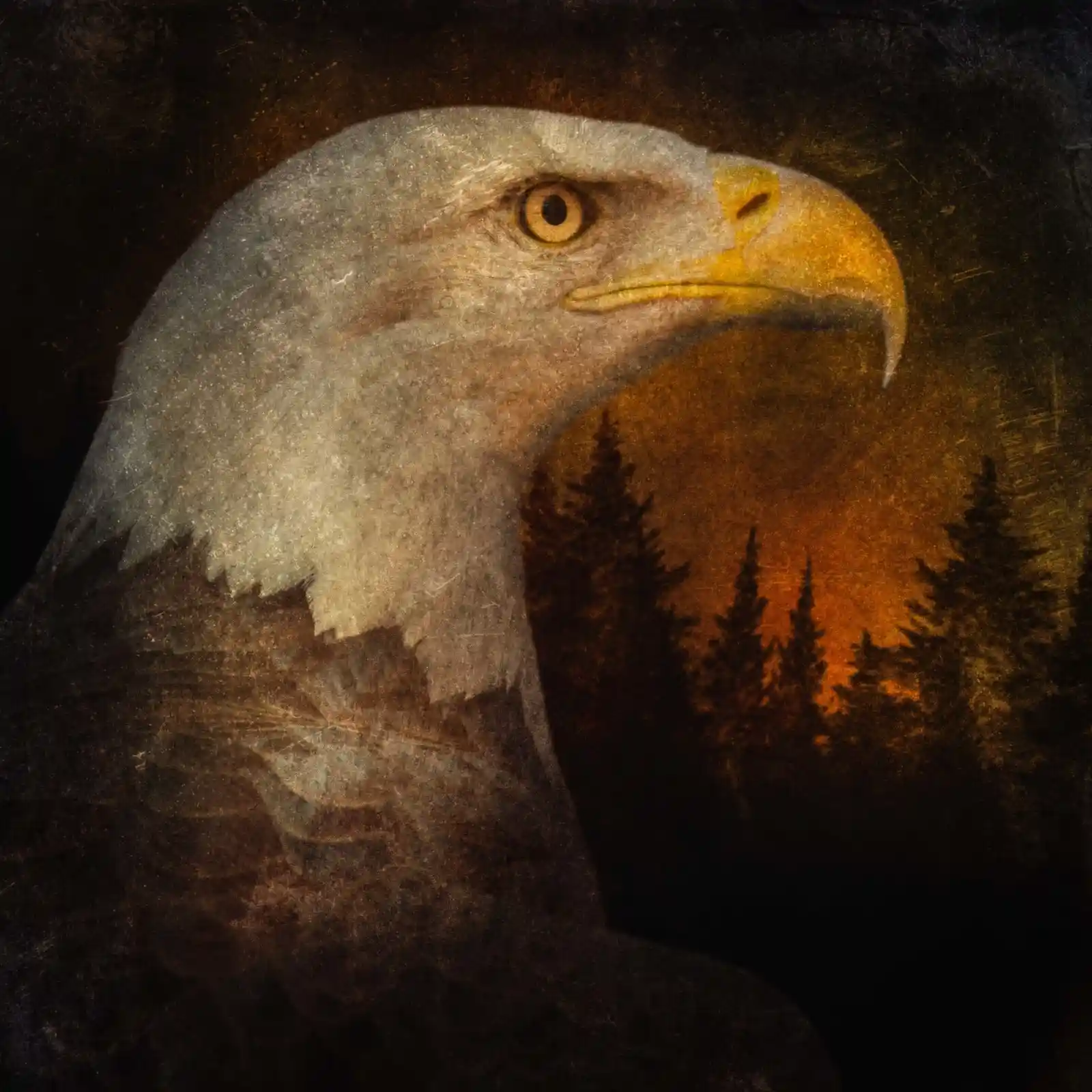 A bald eagle’s intense gaze cuts through the twilight. The dark silhouettes of pines rise behind it, swallowed by a burnt-orange sky that bleeds into the night. The bird, majestic and unyielding, stands as a sentinel of the wilderness, a reminder of untamed freedom.