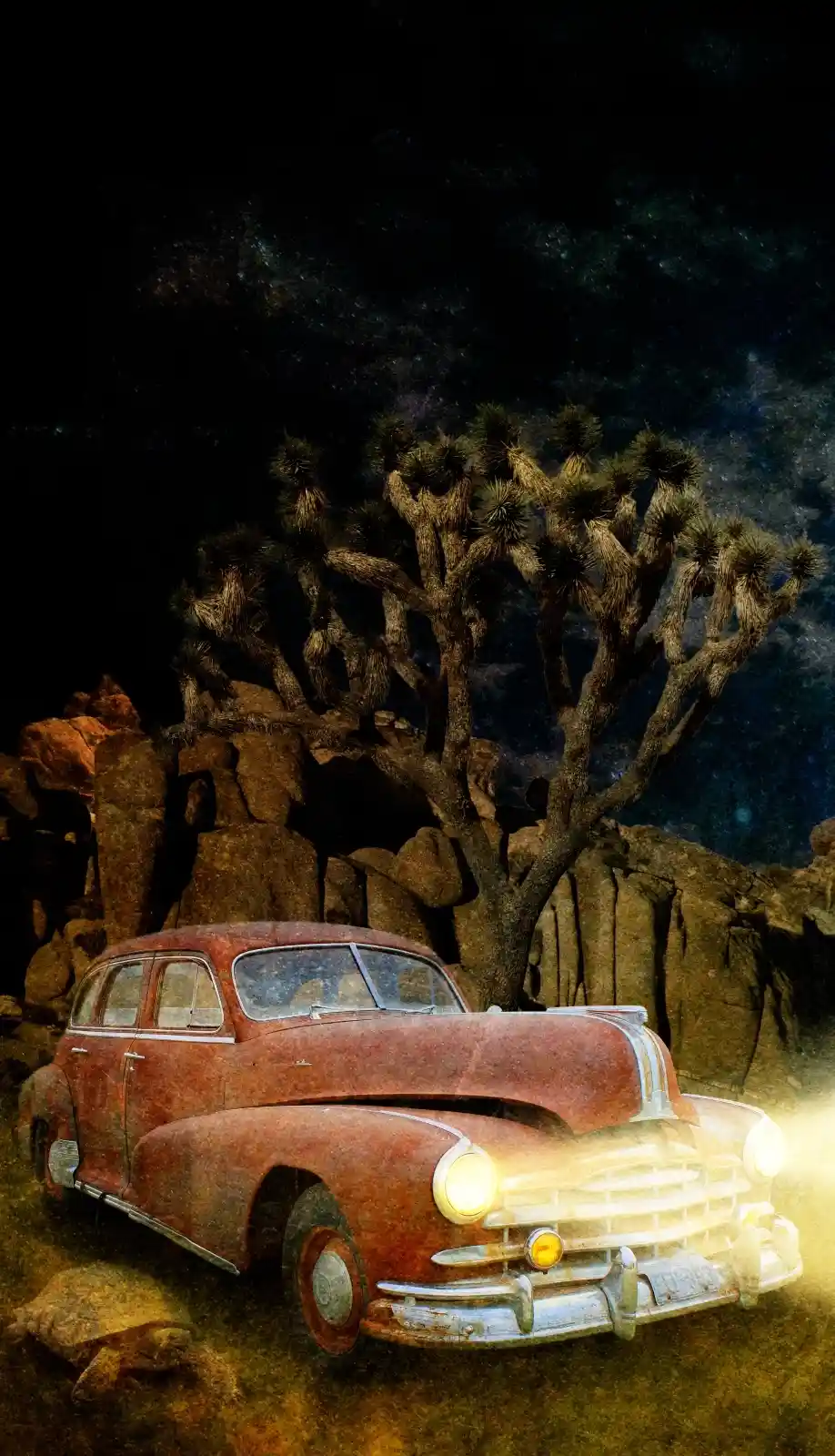 An old, weathered car sits under a starlit sky, its headlights cutting through the night like ghostly eyes. Joshua trees loom, gnarled and twisted, around this scene of a journey paused, waiting for a driver who may never return. A road to nowhere, or perhaps to everywhere.