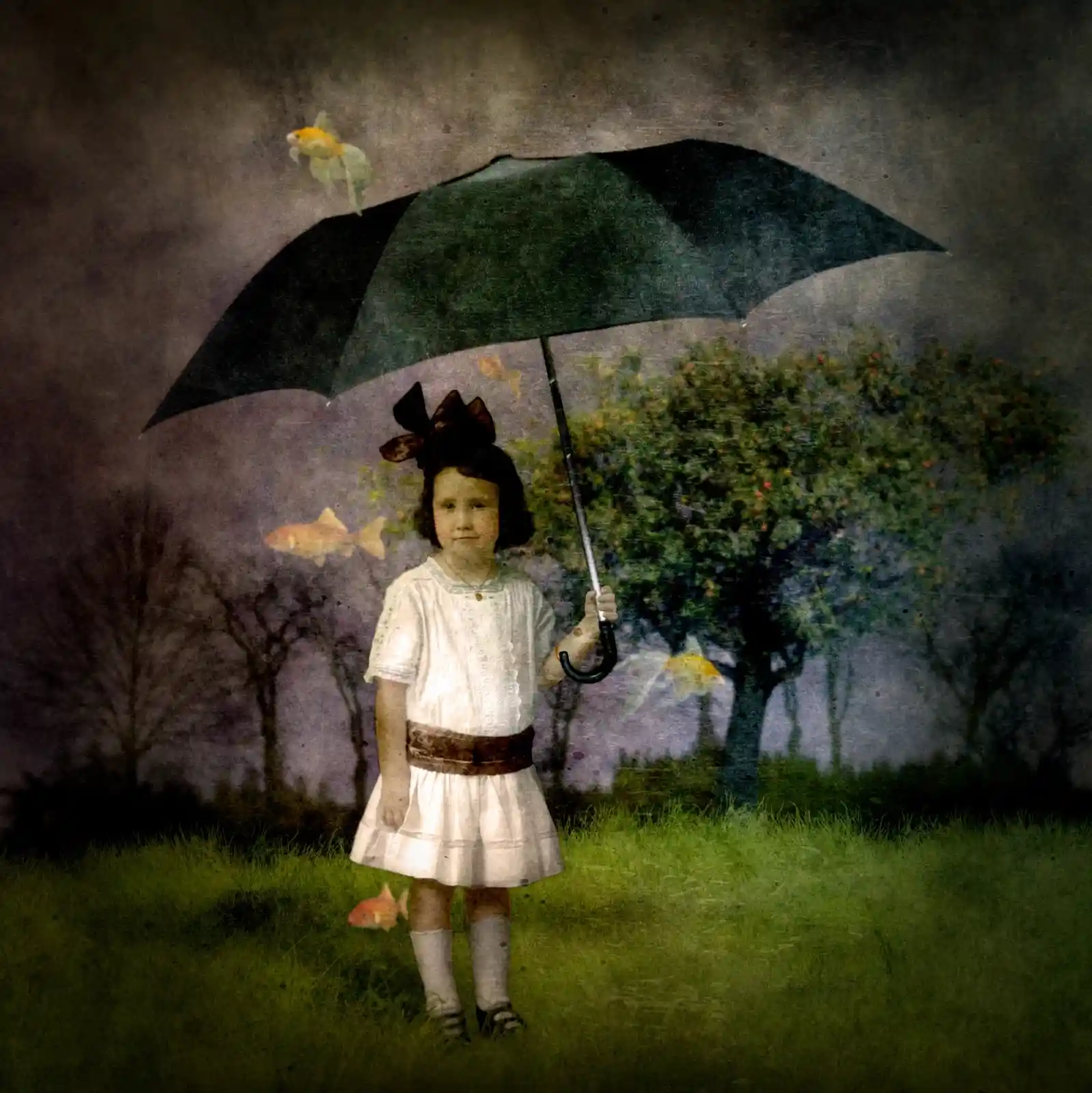 A girl stands under a dark umbrella in an impossibly green field. Goldfish swim through the air around her, suspended in time. Her expression is unreadable, her purpose mysterious—perhaps she knows where the water begins and ends, where the lines between worlds blur.