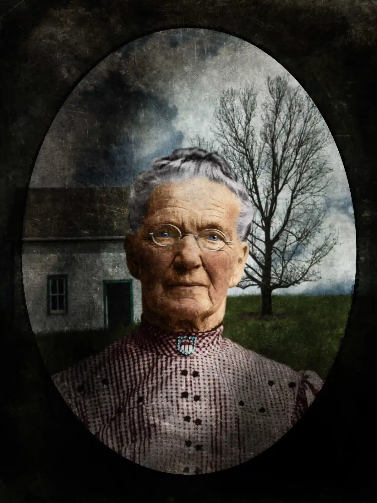 A stern, old woman with steel-blue eyes and tightly coiffed hair, framed by an oval vignette. Her face is etched with lines of wisdom and weariness. Behind her, a lone tree stands bare against a turbulent sky—a portrait of resilience in the face of time.