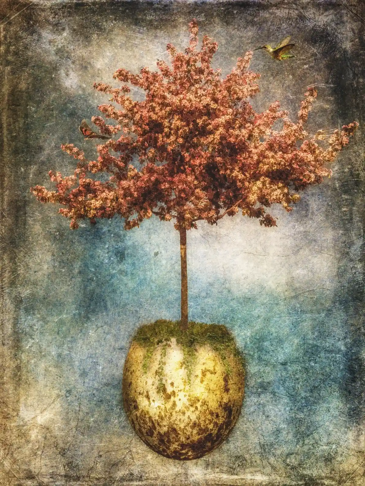 A fantastical scene of a tree bursting with vibrant pink blossoms, growing from an earth-covered egg suspended in the sky. A tiny bird flits around the branches, its wings a blur of motion. The background is a muted, textured sky, blending seamlessly with the surreal elements. The tree is a symbol of renewal and rebirth, a promise of life emerging even in the most unexpected of places.