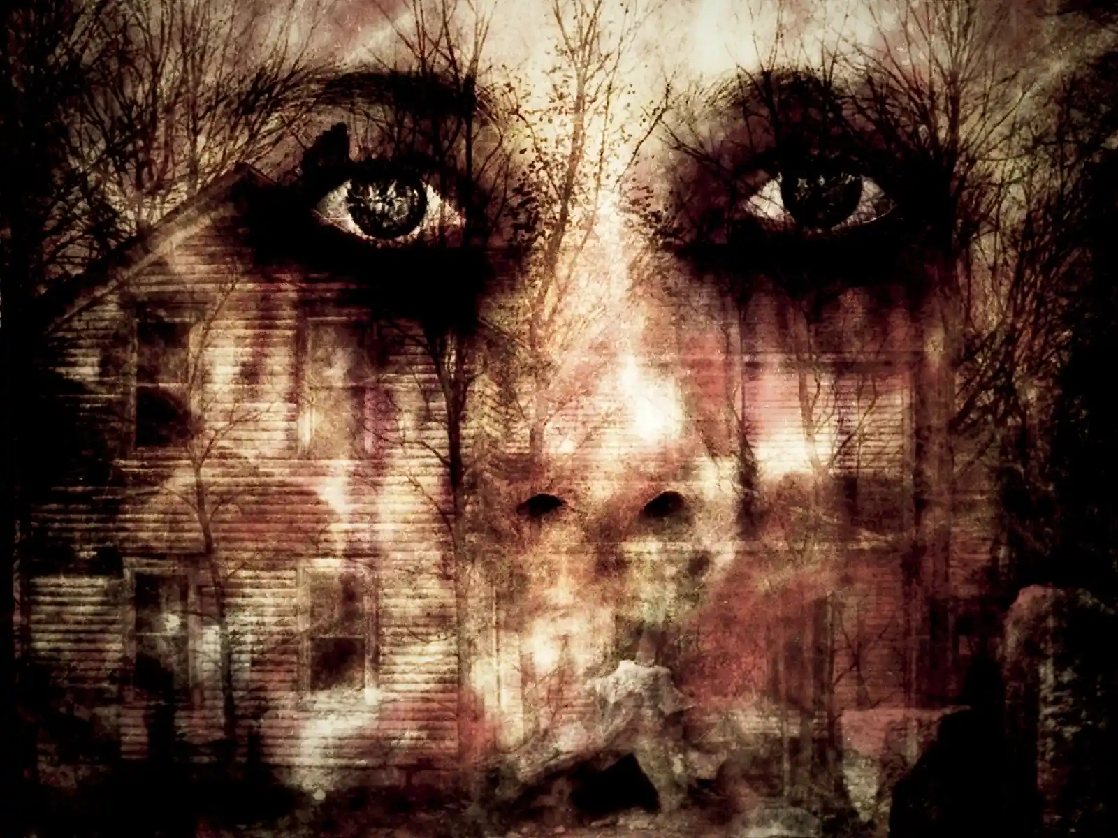 The intense gaze of a woman’s face, eyes wide with a mix of fear and determination, overlays the façade of a dilapidated old house. The texture of the image is grainy, as if caught between the realms of reality and nightmare. Her eyes seem to see beyond the present, into a place where shadows stretch longer, and the past bleeds into the present with unsettling clarity.