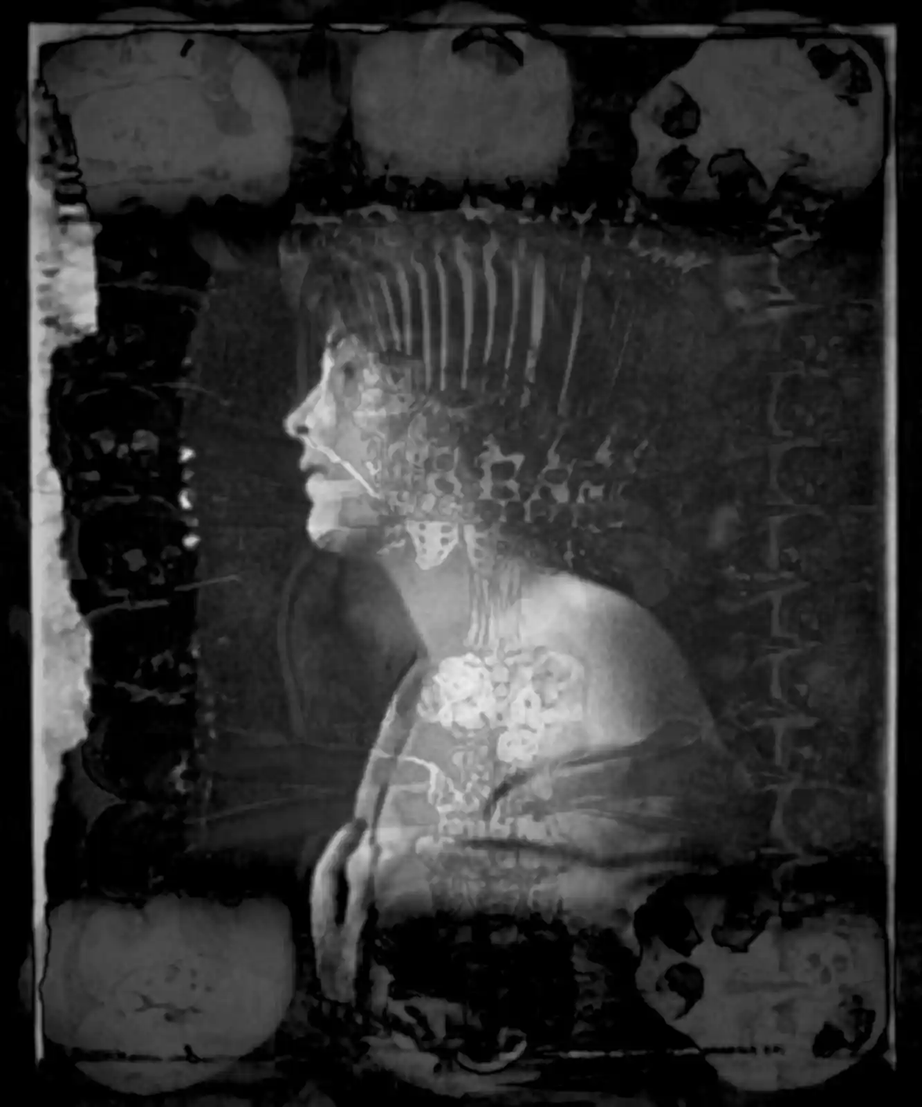 A haunting black-and-white composition of a woman staring into the unknown, her face partially obscured by a spectral overlay of bones and skeletal forms. Her expression is one of resolute defiance, a heroine facing an unseen threat. The edges of the image are adorned with faded skulls, hinting at a deeper, more sinister story waiting to be uncovered. The scene is a testament to strength in the face of darkness.