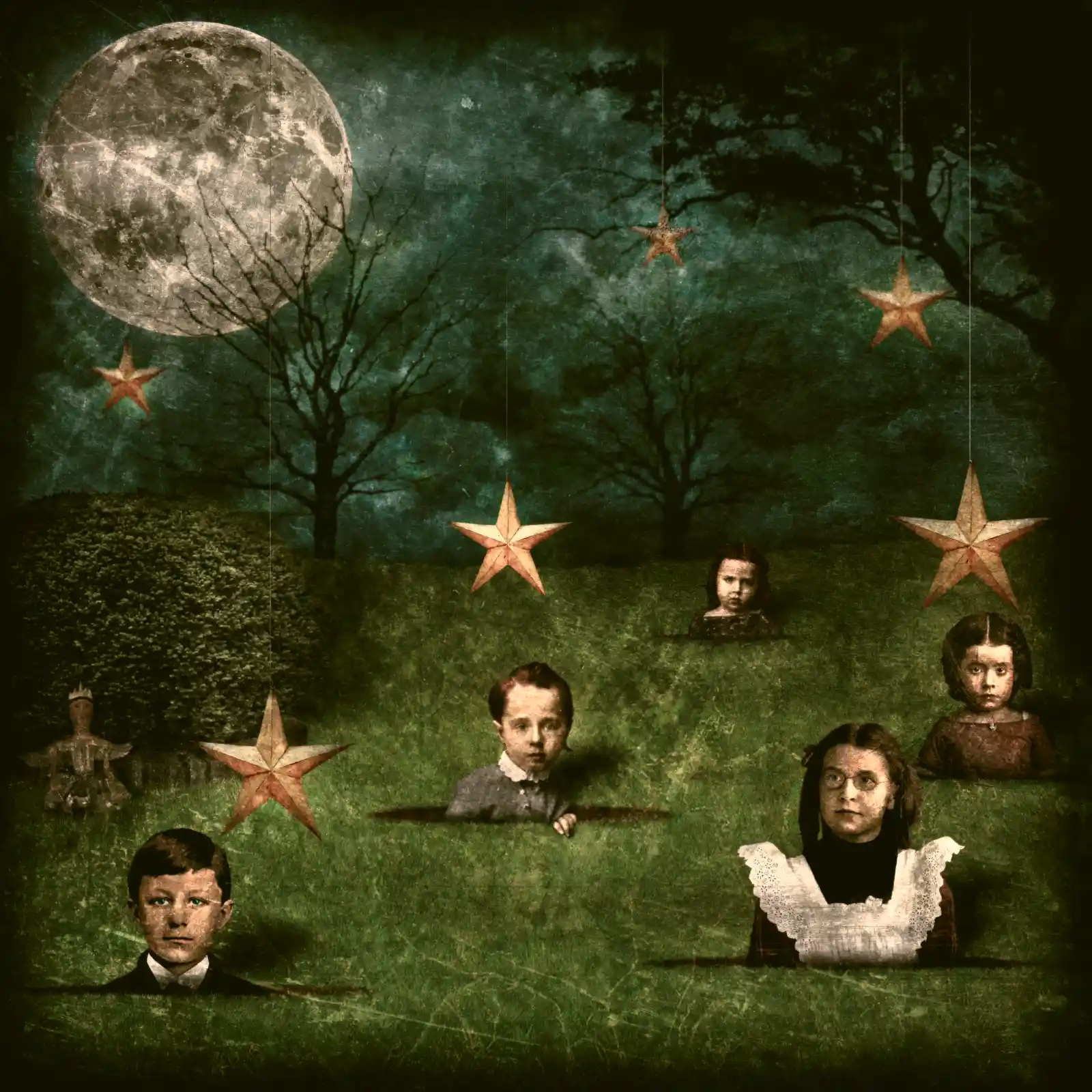 A whimsical yet unsettling scene of children’s heads emerging from the ground like eerie garden sprouts. The night sky above is dominated by a large, full moon, with stars hanging like paper ornaments from invisible threads. The children’s expressions range from solemn to slightly mischievous, as if they are playing a game whose rules are known only to them. The image feels like a blend of playfulness and unease, caught between dreams and nightmares.