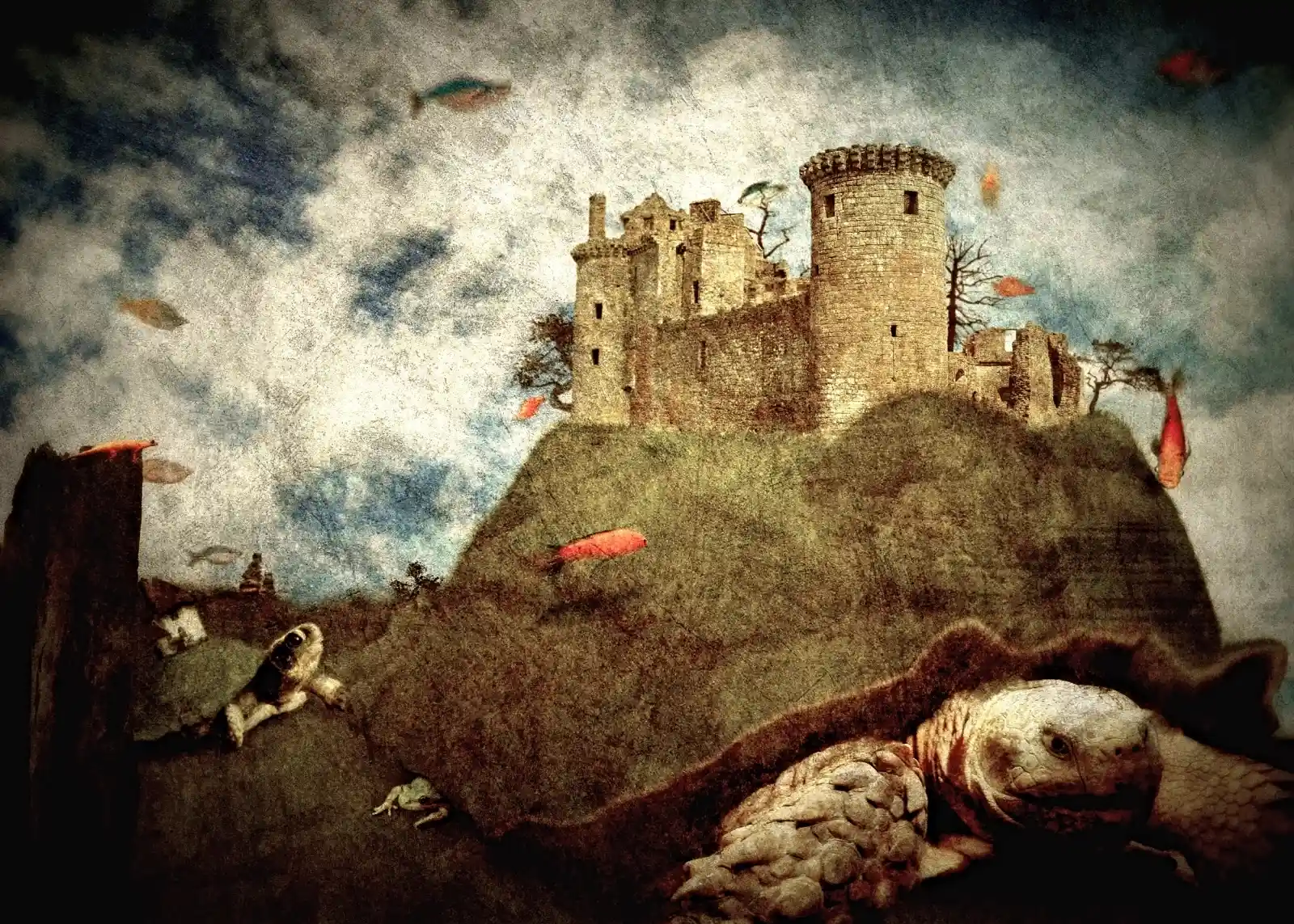 A surreal image of a castle perched on a hill, surrounded by floating goldfish and other whimsical elements. A tortoise emerges from the bottom of the frame, its shell blending seamlessly with the hillside. The sky is filled with clouds and a scattering of fish, adding to the fantastical atmosphere. The castle stands as a beacon for wandering souls, a place where dreams find temporary shelter before moving on to new horizons.