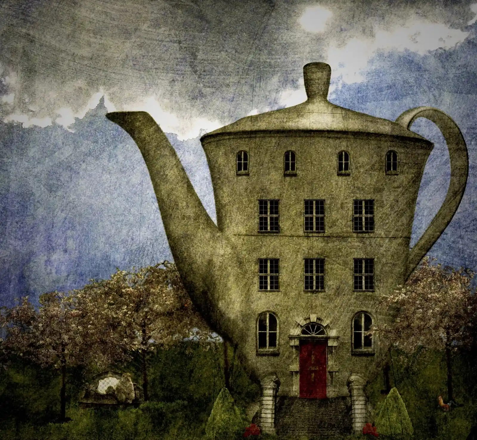 An enormous coffee pot has become a manor, its spout arching gracefully toward the sky. Windows dot its sides, and a red door welcomes visitors into this whimsical abode. Cherry blossom trees surround it, in full bloom. The whole scene feels like an invitation to step inside and find a warm hearth and a cup of stories waiting, each one stronger than the brew that never seems to run out.