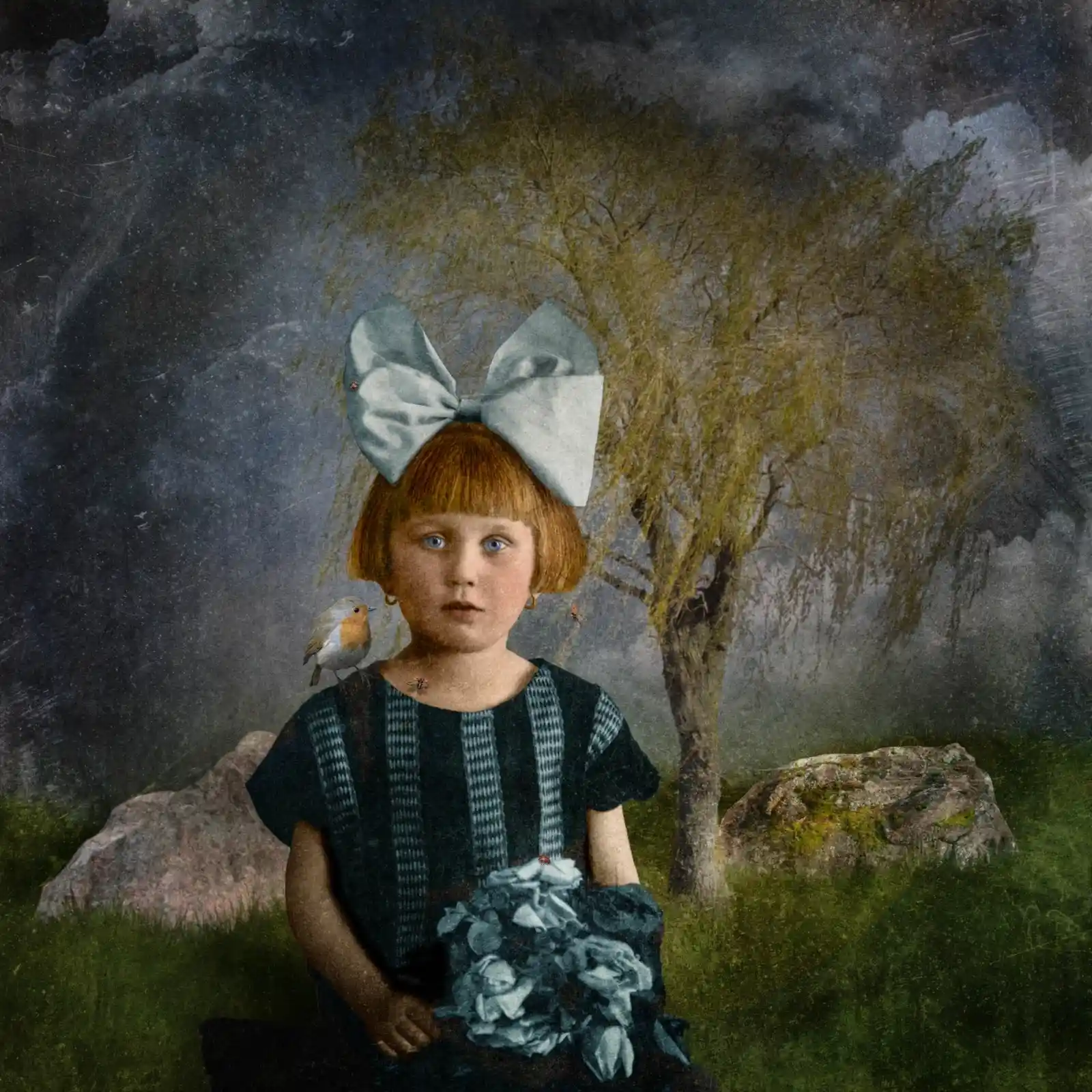 A little girl with wide blue eyes and a giant blue bow sits in an otherworldly garden, holding a bouquet of blue flowers. A small bird perches on her shoulder, whispering secrets meant for her ears alone. The sky above churns with a stormy promise, but she remains calm, steady, like a beacon of innocence in the gathering storm. The landscape behind her is both inviting and eerie, where dreams go to play hide and seek.