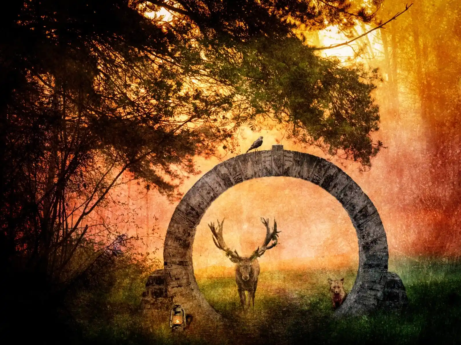 An ancient stone arch stands as a portal to another world, bathed in the glow of an eternal sunset. A stag with antlers like twisted trees stands before it, flanked by a raven and a fox. The path behind leads to a place where boundaries blur, where the wild things speak and the air is thick with the magic of dawn and dusk. The lantern at the arch's base flickers, daring the traveler to step through.