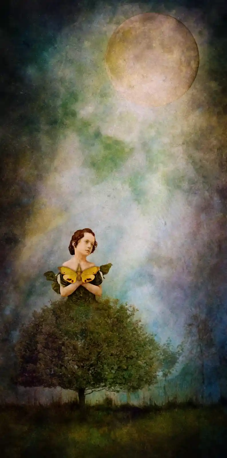 A whimsical scene under a moonlit sky. A woman, half-transformed into a tree, holds a golden moth like a sacred offering. Her green dress melds seamlessly with the foliage beneath, blending reality with fantasy. The moon looms large above her, casting a soft, otherworldly glow, as if she’s been plucked from a forgotten fairy tale, a guardian of both the earth and the night sky.