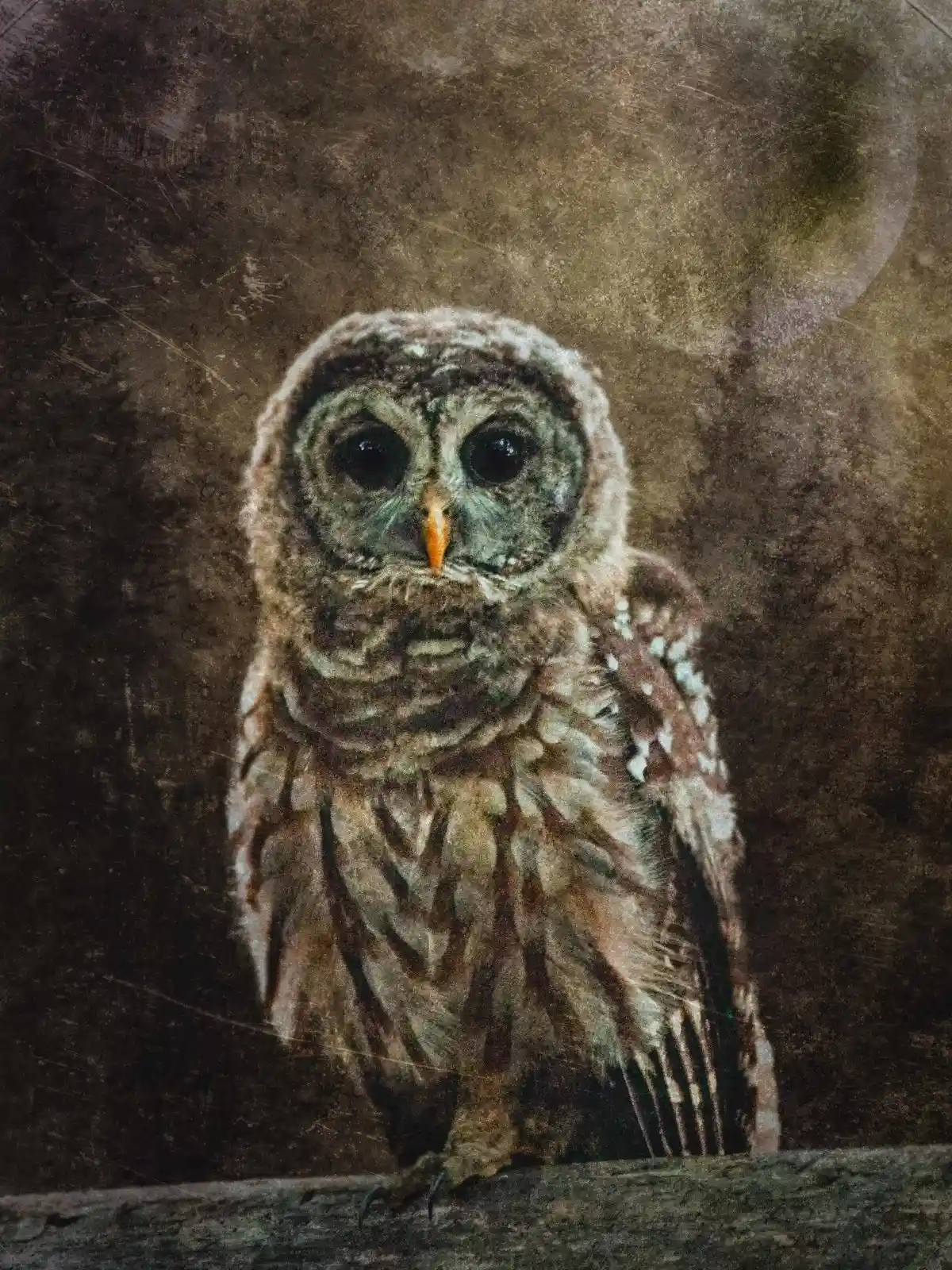 In the dim twilight, an owl perches on a branch, its eyes wide with ancient wisdom. The dark background contrasts sharply with the soft, downy feathers of this vigilant sentinel of the forest. Its beak is a sliver of orange against the muted grays, a hint of fire in a cold world. This is a creature that knows all the secrets of the night and whispers them to the moon.