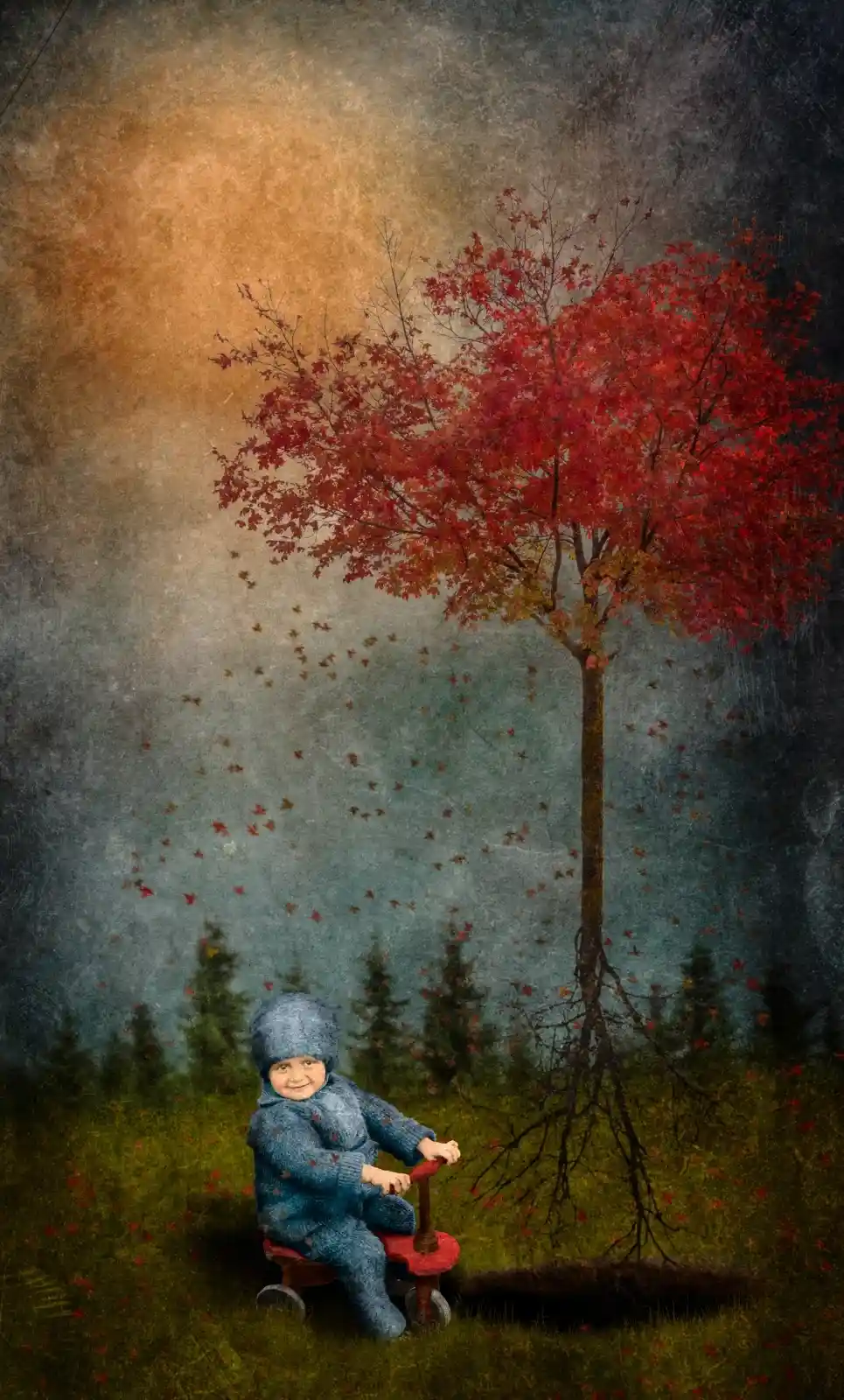 A small child, bundled in a thick, fur-lined coat, stands solemnly in an old suitcase. Above, a crescent moon is tethered by a thin string, floating against a galaxy of stars. The scene is a melancholic dreamscape, a silent promise of journeys to places where the stars sing and the moon can be caught like a balloon. The child's eyes are wide, filled with wonder and a touch of fear.