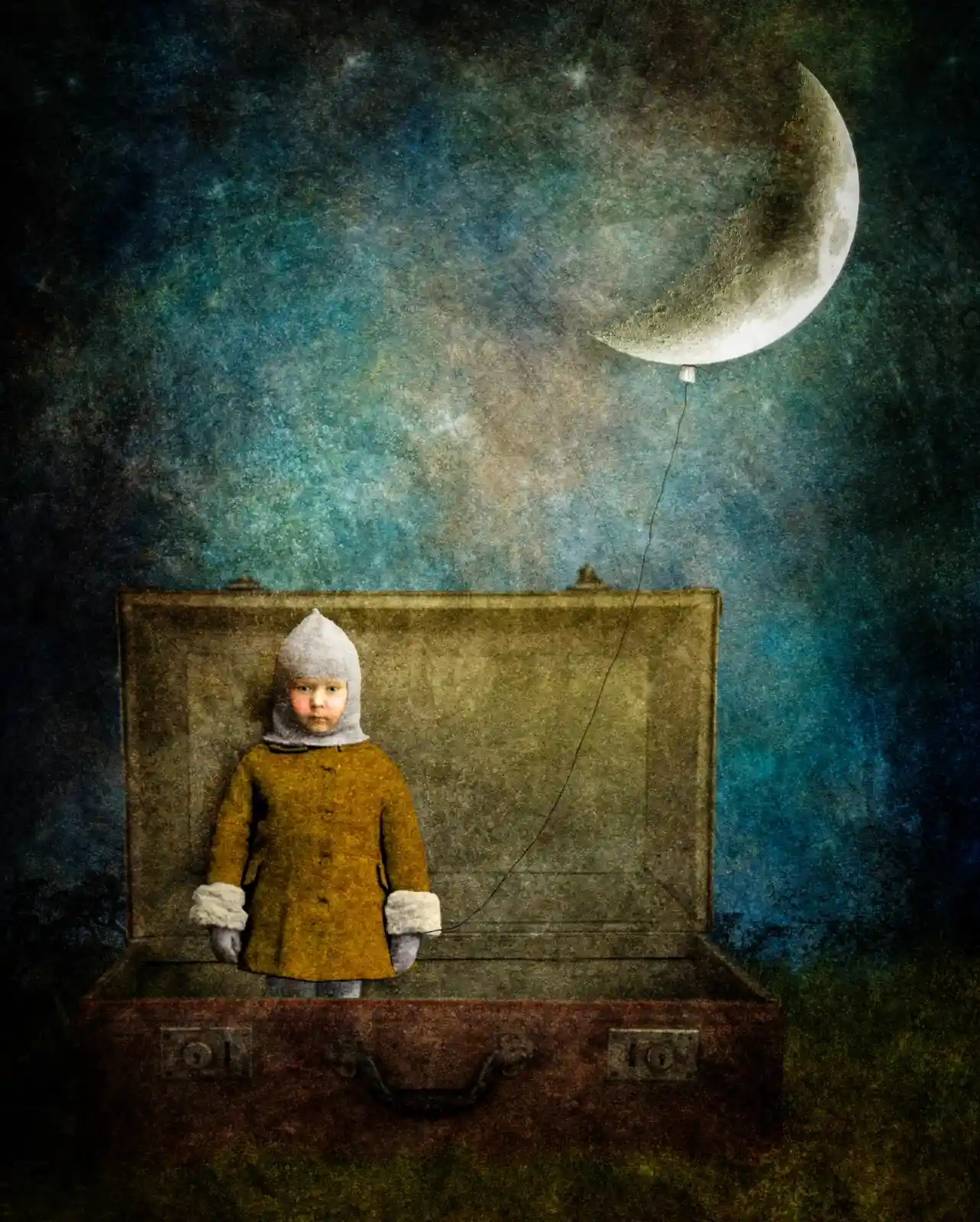 A child, small and bundled, stands within an old suitcase under a sky filled with the deep blues and greens of a twilight dream. A crescent moon, tethered like a balloon, floats above. The scene is both whimsical and haunting, a moment of stillness that feels like the breath between worlds, where imagination knows no boundaries and the moon is within reach.