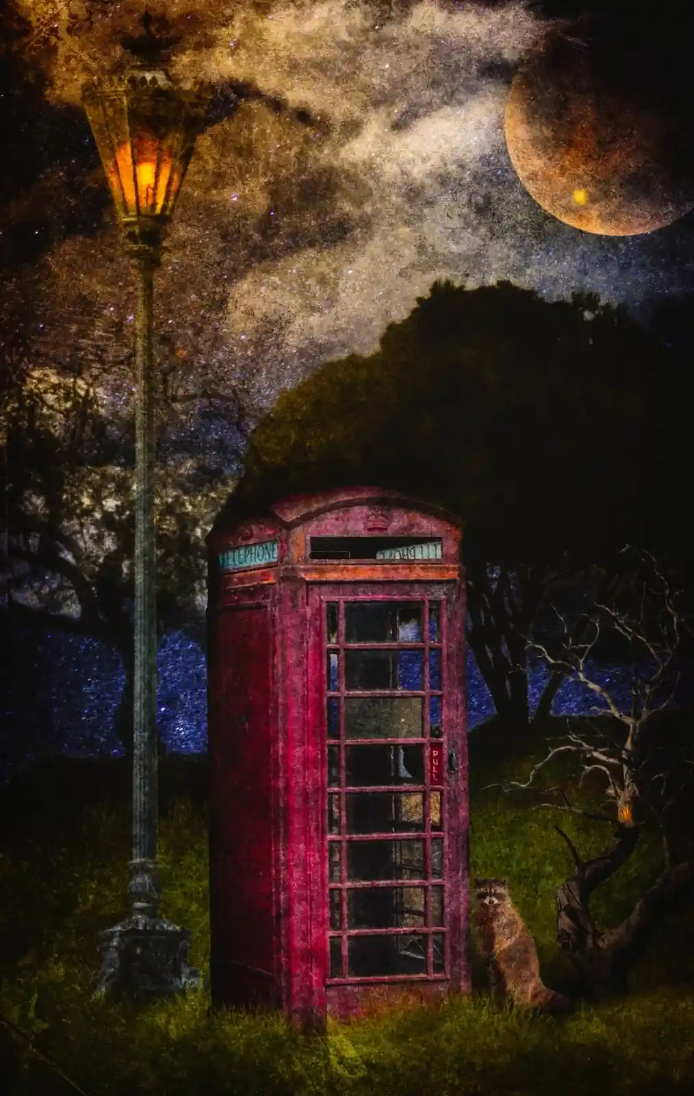 A forgotten phone booth, painted a weary red, stands beneath a glowing lamppost that guards the night with its soft, amber light. A half-hidden moon peers through cloudy skies, casting an ethereal glow. A cat, crouched beside the booth, watches—a sentinel in the quiet, otherworldly scene where shadows stretch longer, and the boundary between reality and dreams thins to a fragile thread.