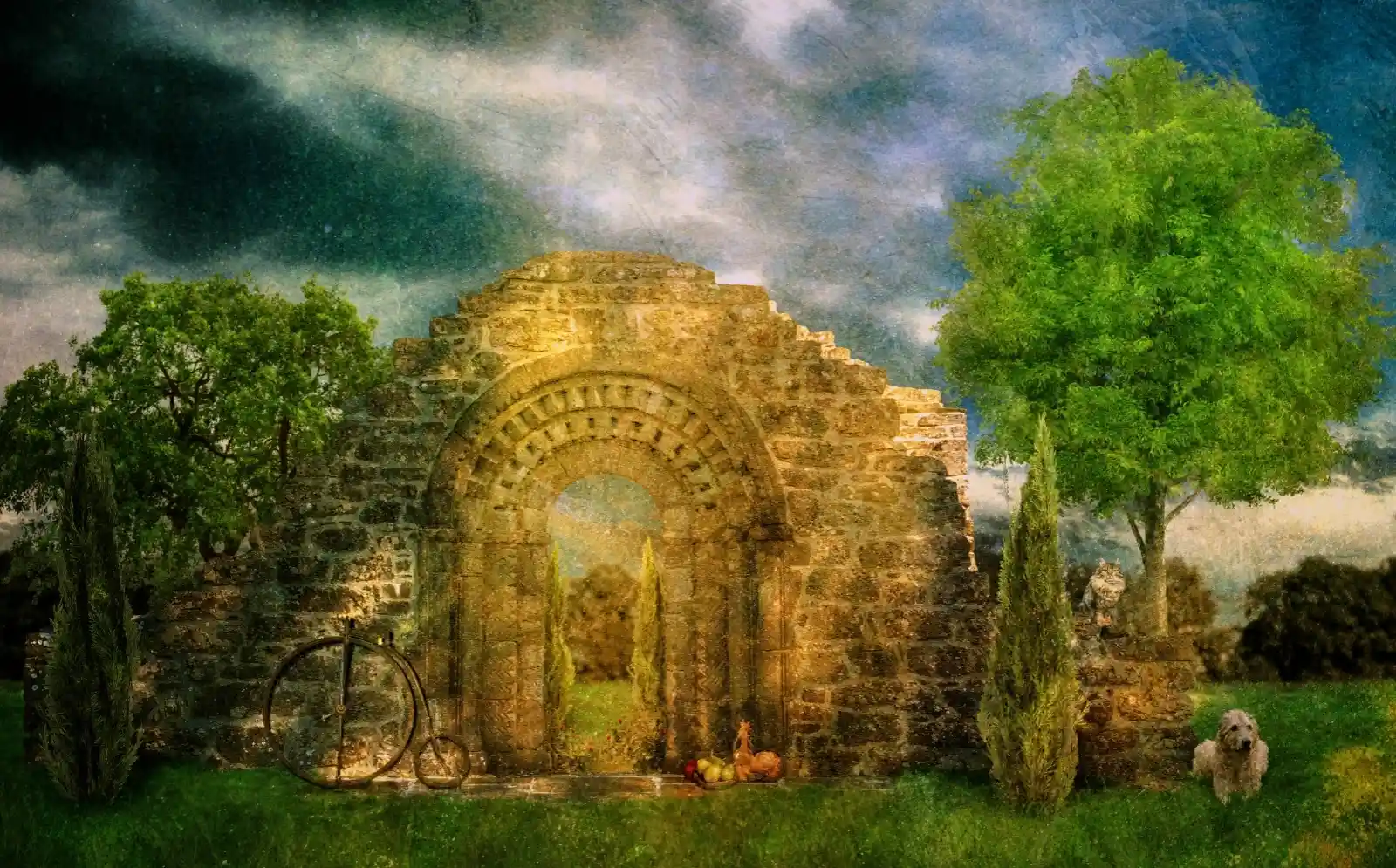 An ancient stone archway stands defiant amidst a vibrant field, its curves softened by time. Through it, a road stretches toward unknown destinations. Nearby, a penny-farthing leans on the weathered stones, beside a small gathering of pumpkins and apples. Trees flank the scene, whispering stories in the breeze, while a small dog gazes inquisitively at the arch, as if sensing a threshold to another time.