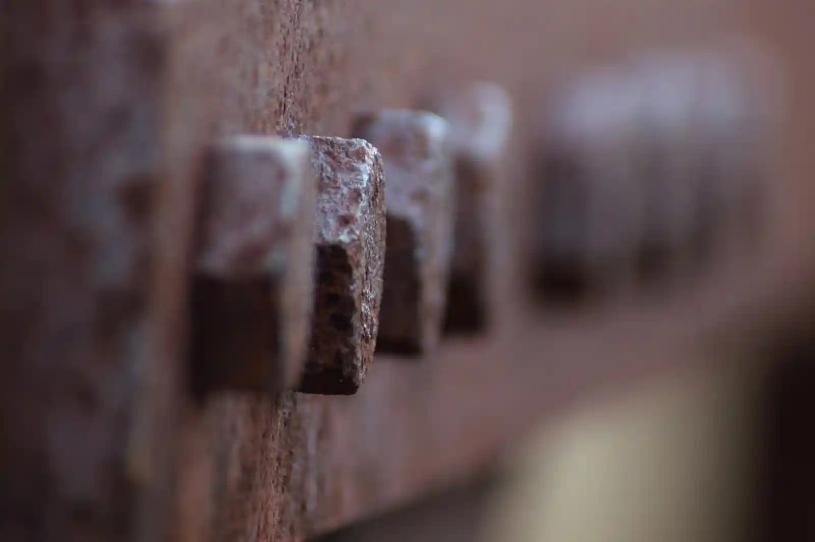 Rusted bolts, lined like soldiers in forgotten ranks, protrude from weathered metal. They bear the weight of time, each one a testament to what once was. The edges soften into a blur, like the passage of years erasing the hard lines of memory.