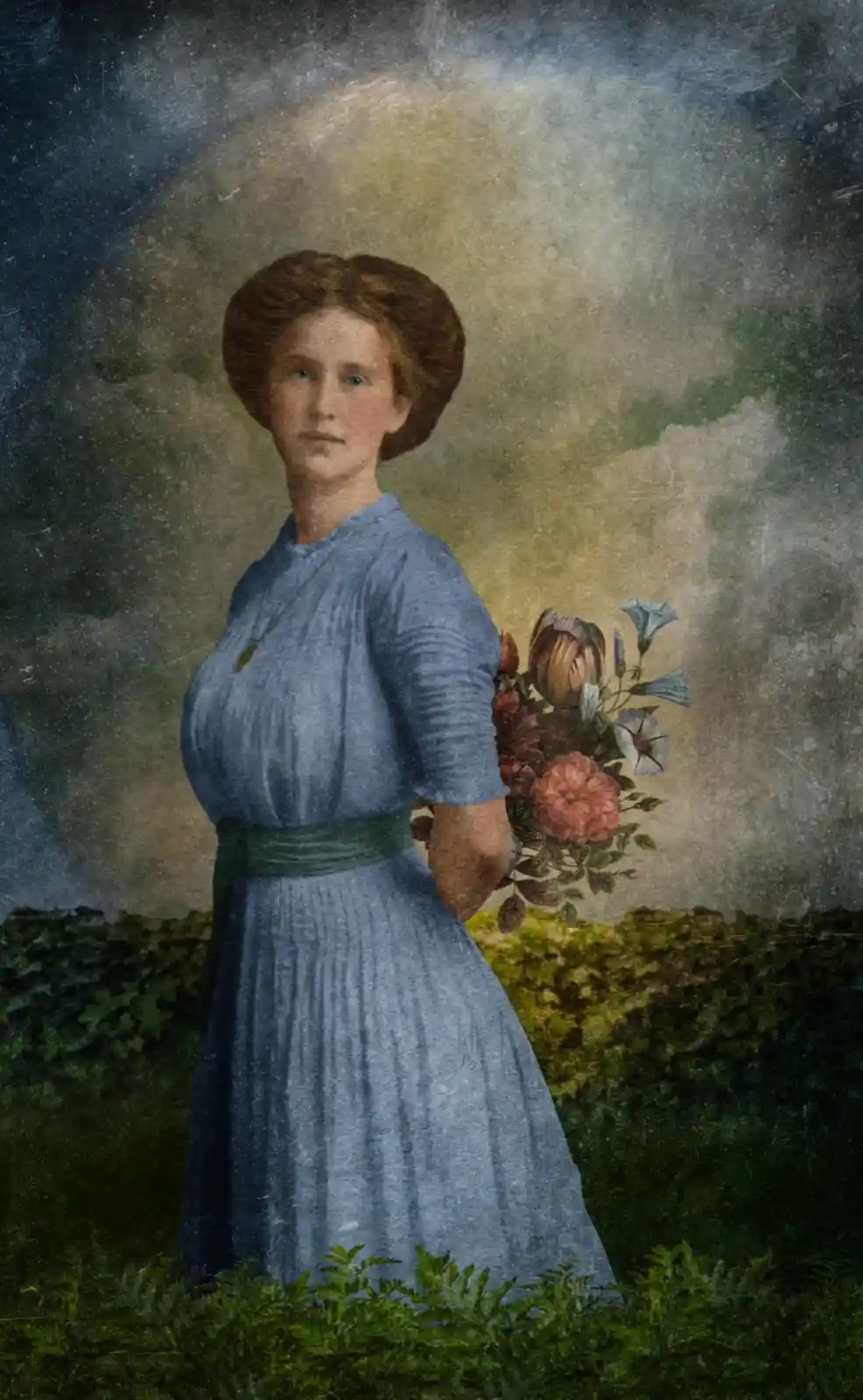 A woman stands amidst a painted meadow, her dress as blue as a sky untouched by clouds. Flowers bloom in her grasp and at her back, and her face, framed by softly waved hair, speaks of a grace from another time. She's a ghost of an era that remembers the world as it once was, or perhaps never quite was at all.