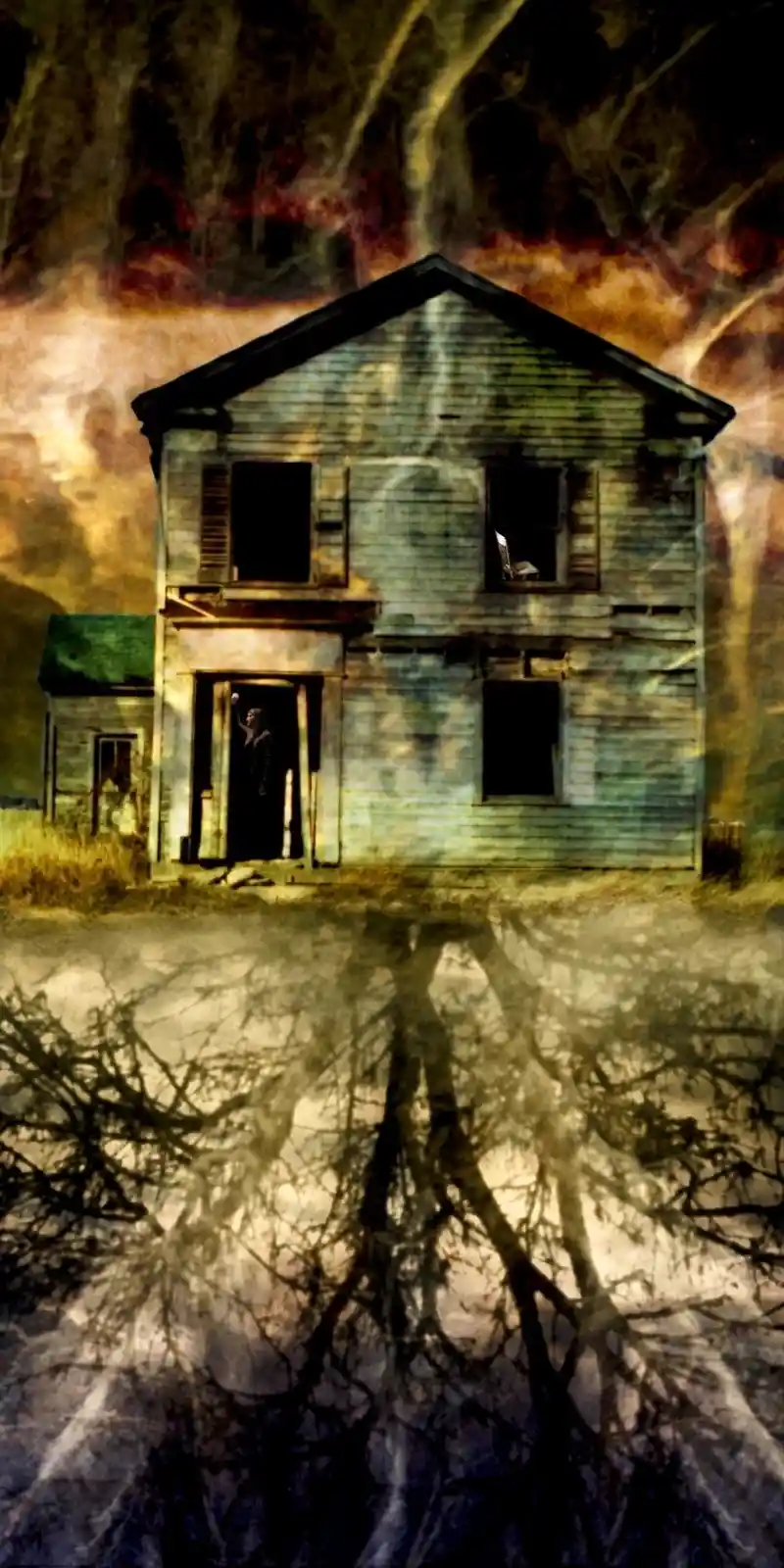 An old, haunted house stands against a turbulent sky, roots splayed beneath like skeletal fingers clawing into the earth. Shadows of twisted branches intertwine with peeling paint and broken windows. There's a figure in the doorway—a ghost or something more sinister? The house breathes with the stories of those who came, stayed, and never left, held captive by roots that grow deeper than time.