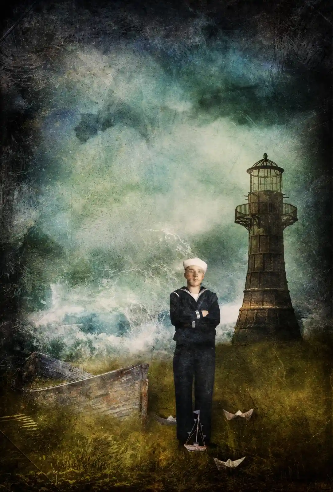 A young sailor, standing steadfast before a stormy sea, is dwarfed by a towering lighthouse behind him. Paper boats and a tiny ship gather at his feet, ready to ride the waves of imagination. His eyes hold the wide-eyed wonder of youth, of a life yet to be lived, of adventures awaiting beyond the horizon, where the sea meets the sky in a riot of color.