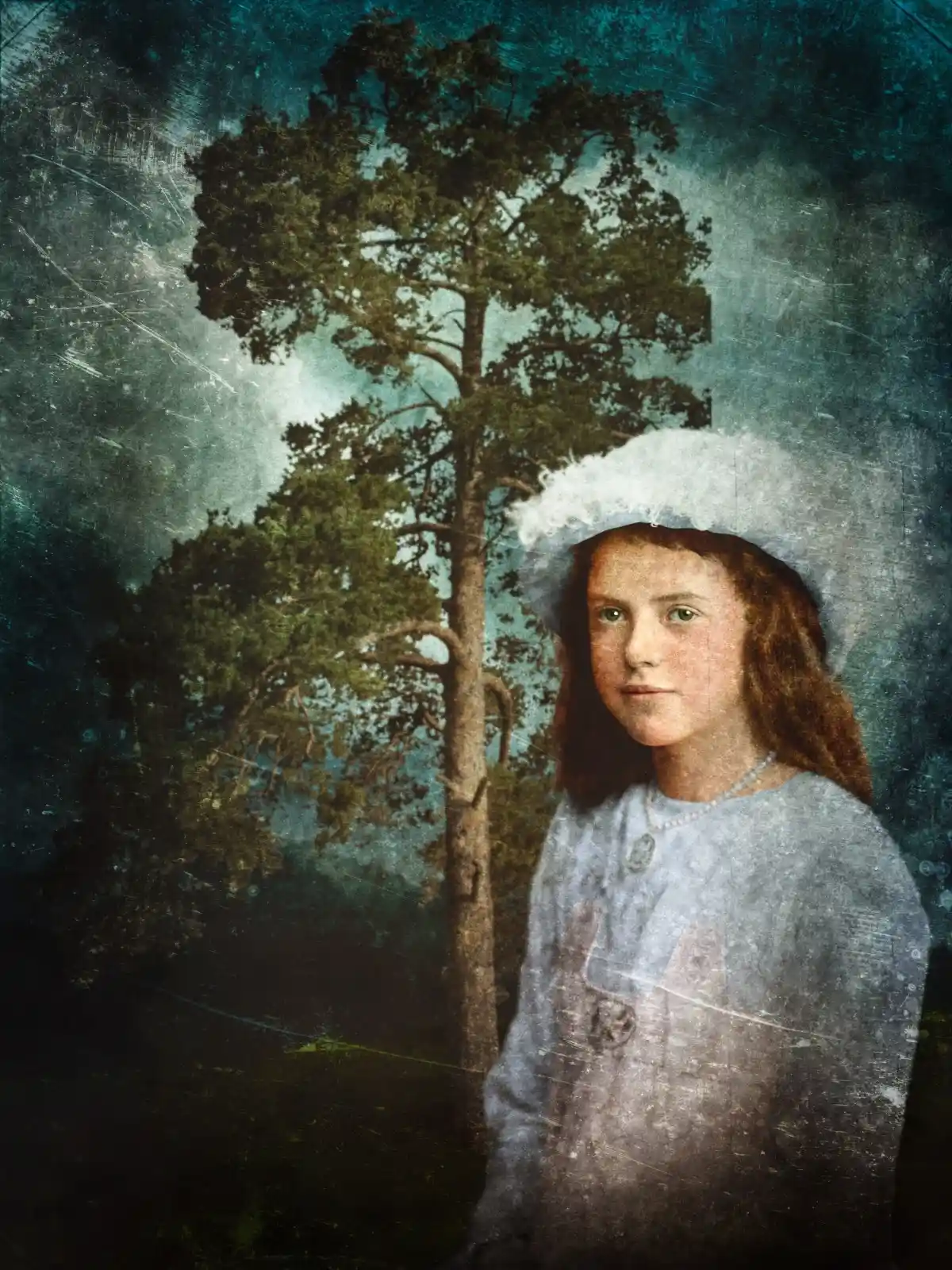 A young girl in a white dress stands before an ancient pine tree, her face a blend of innocence and wisdom. Her eyes are distant, as though she sees beyond the forest, beyond the veil of the present. She is the keeper of whispers and woodland secrets, a child who has walked where others fear to tread, in the places where time winds backward and forward.