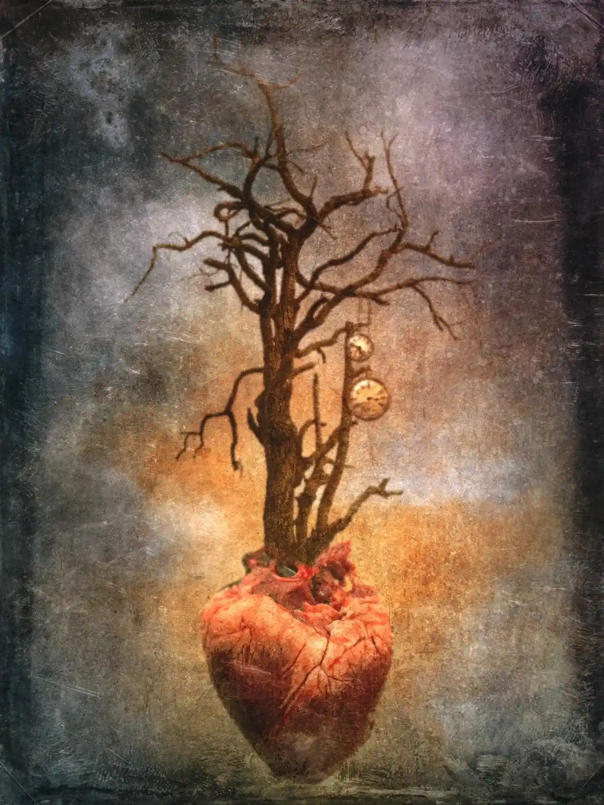 A human heart hangs suspended, roots of an ancient, leafless tree entwining its vessels. Two timeworn pocket watches dangle like forbidden fruit among the branches, ticking away the seconds in a rhythm that knows no peace. It is a portrait of memory—both a burden and a blessing—rooted deep in veins and bones, where time is always running out.