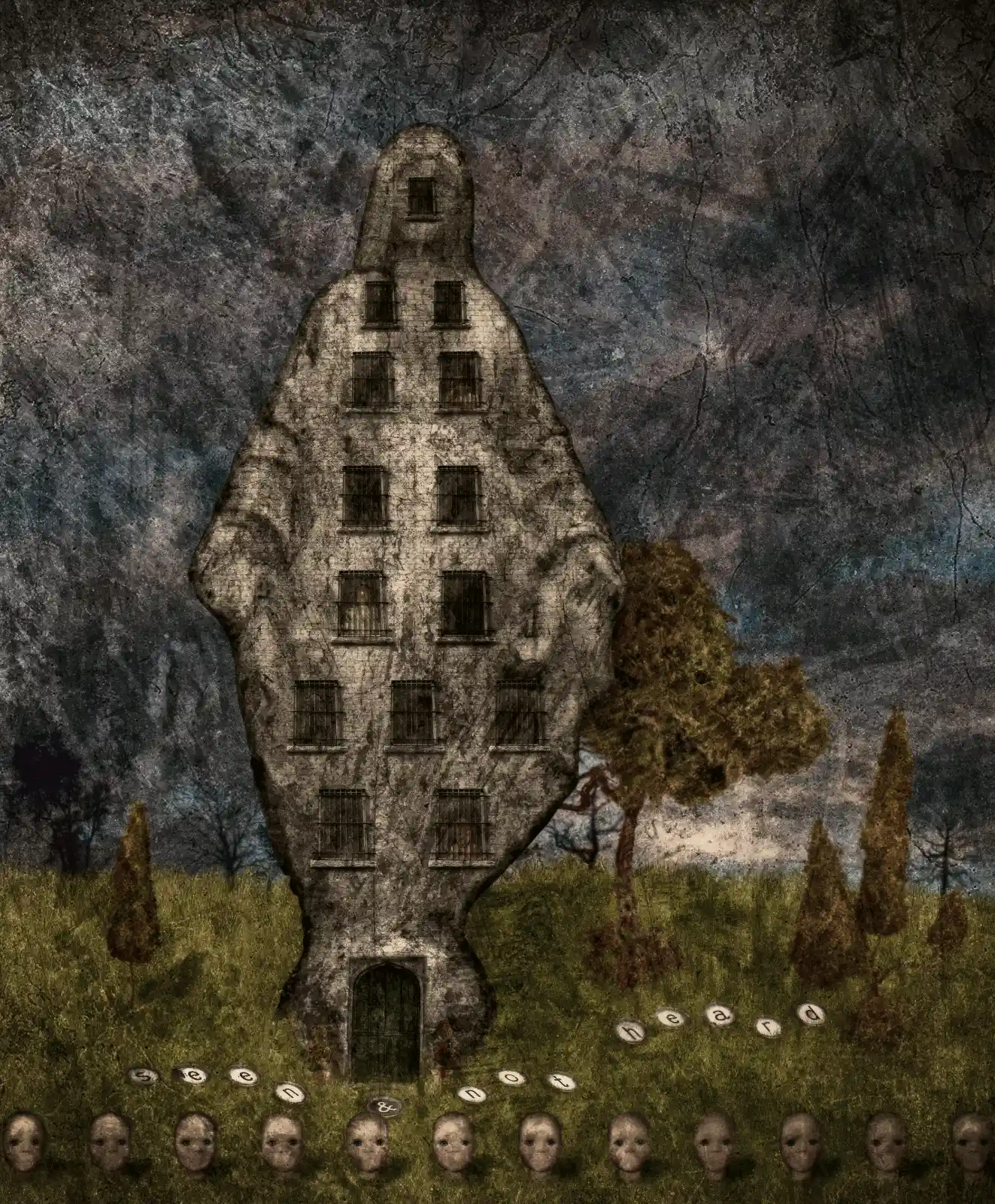 A stone structure shaped like a cloaked figure looms against a stormy sky, windows like eyes that watch and judge. Beneath it, faceless dolls with hollow eyes line up in neat rows, each bearing a name or a silence. This is a house that keeps secrets close, where the walls whisper and the grounds remember all who have walked here.