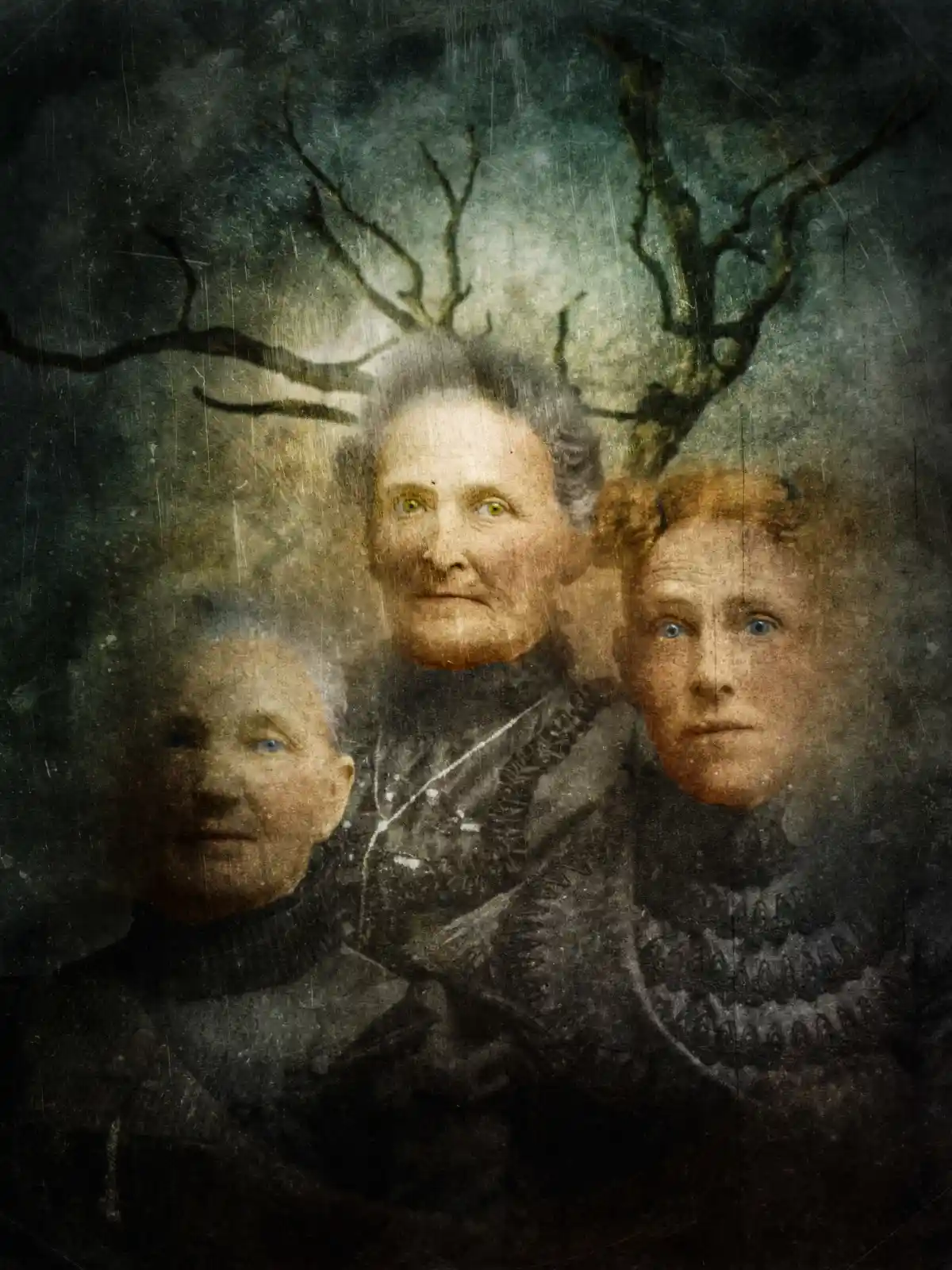 Three elderly women, their faces etched with lines of wisdom and mystery, stand in a foggy forest. Above them, gnarled branches rise like twisted crowns. Their eyes shine with an eerie knowing, each one holding a different shade of time. They are the keepers of stories long forgotten, the weavers of dreams and nightmares alike.