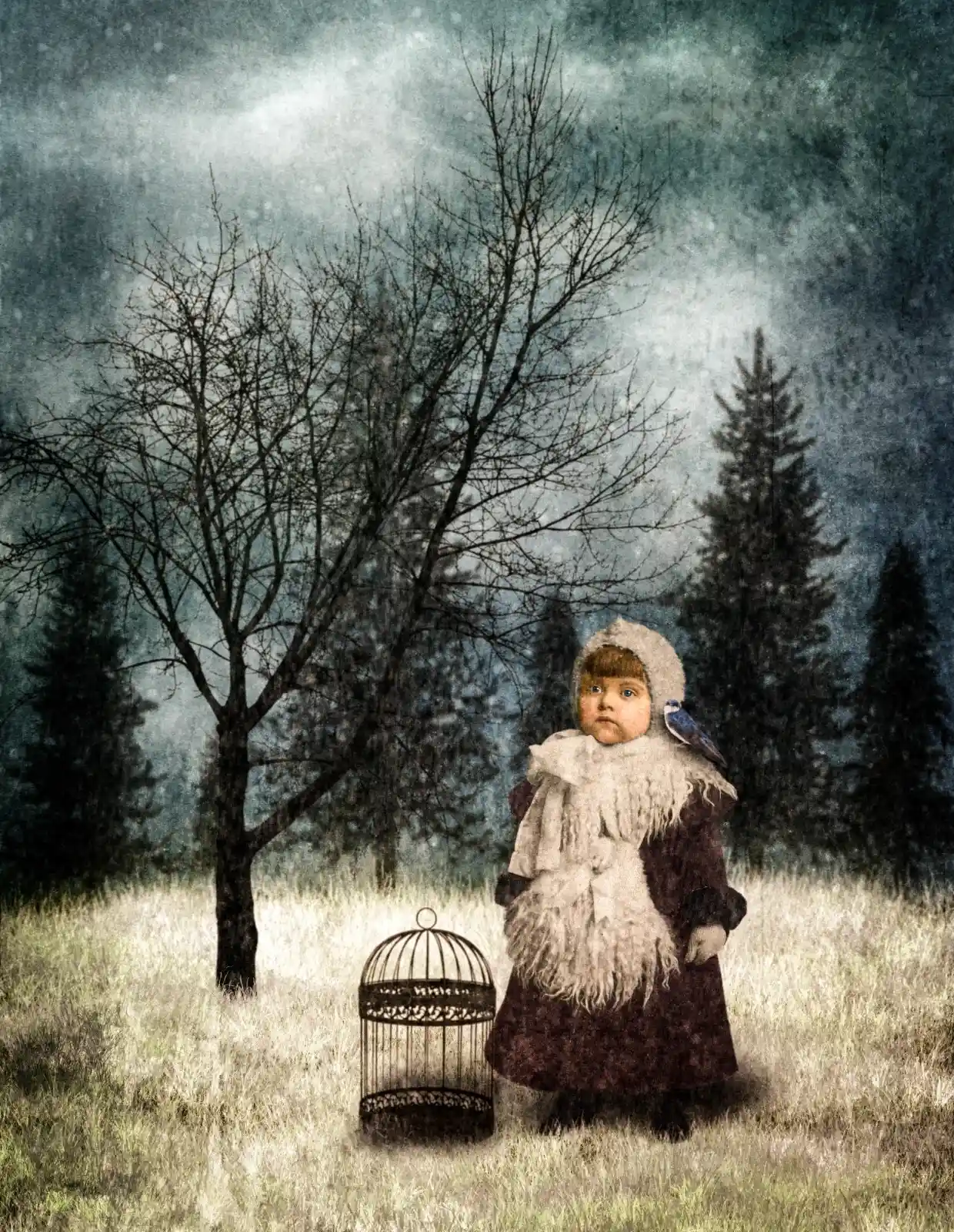 In a winter-bare forest, a little girl stands solemnly with her wild scarf and her tiny bird companion. Her eyes, wide and unsure, peer from beneath a hat that hides stories untold. Beside her, a birdcage lies open, its occupant perhaps long gone, like the warmth of summer.