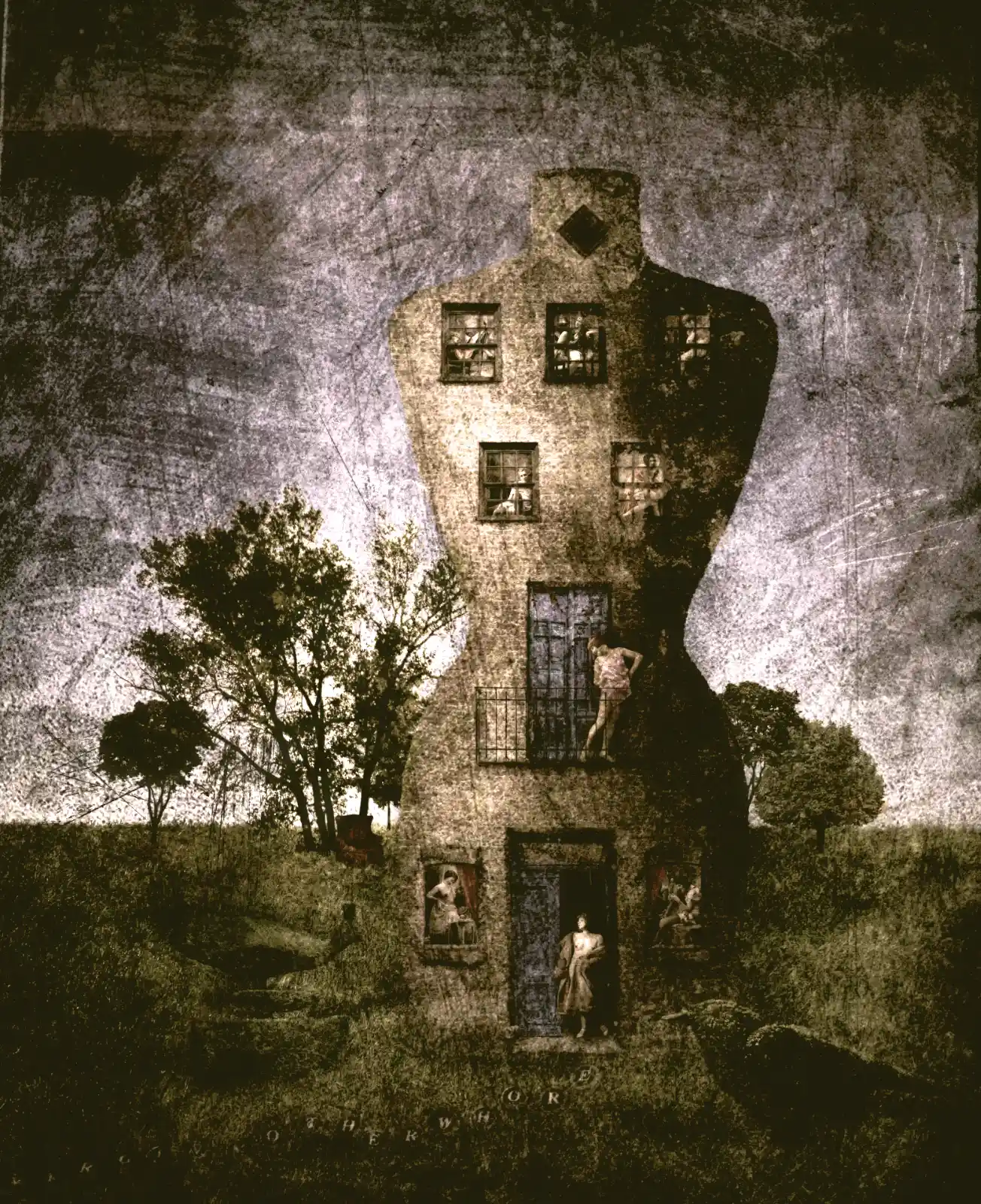 A house shaped like a woman's torso stands in a desolate field. Windows gaze out like vacant eyes, each framing a different figure—women in tattered dresses, ghosts of an era lost. A single tree stands beside, twisted and bare. Shadows stretch across the ground, reaching like hands toward the house's stone skin. It is a place of stories long past, where the walls have absorbed the whispered dreams and despair of all who lived within.