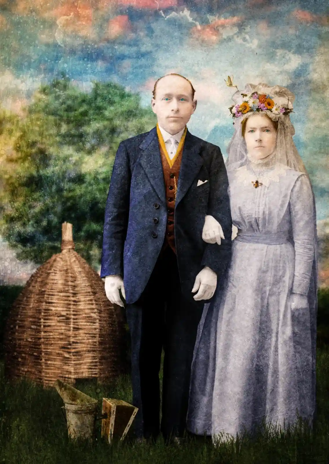 A solemn couple stands against a pastel sky—his eyes as blue as a summer lake, her face framed by a crown of wildflowers. Behind them, a traditional woven beehive sits, nestled in the grass. Bees hover like tiny, golden guardians around their queen. His gloved hand clasps her arm, their expressions suggesting a bond unbroken by time, woven together by the quiet hum of bees and the promise of sweet honey.