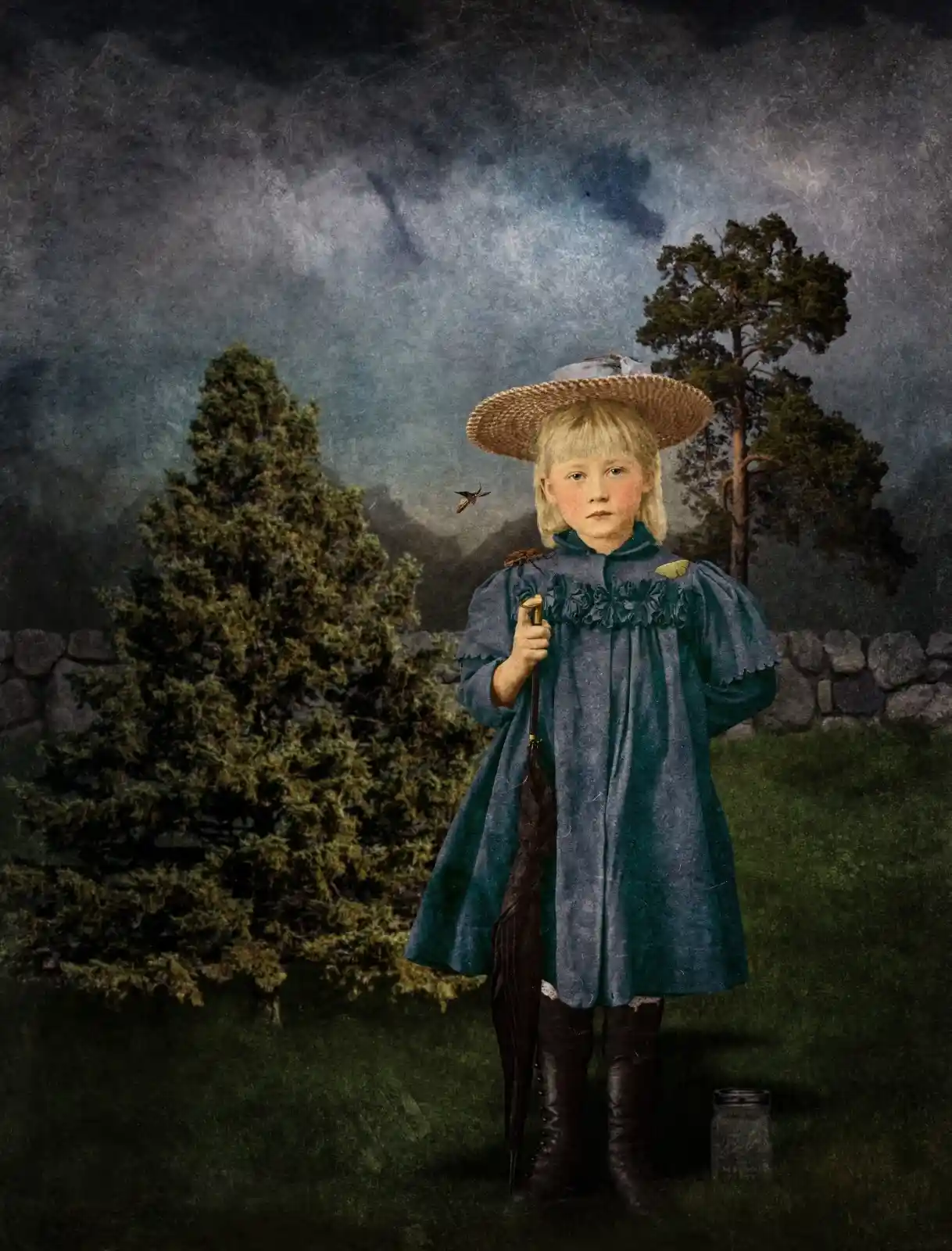 A young girl in a faded blue dress and wide-brimmed straw hat stands on a manicured lawn. Her face is solemn, her eyes focused on some distant thought. She holds a butterfly net, the fabric of her dress flowing like water. A dark jar sits near her feet, its purpose unclear. Behind her, a lone bird flits through the storm-darkened sky, a small piece of wildness against the order of her world.