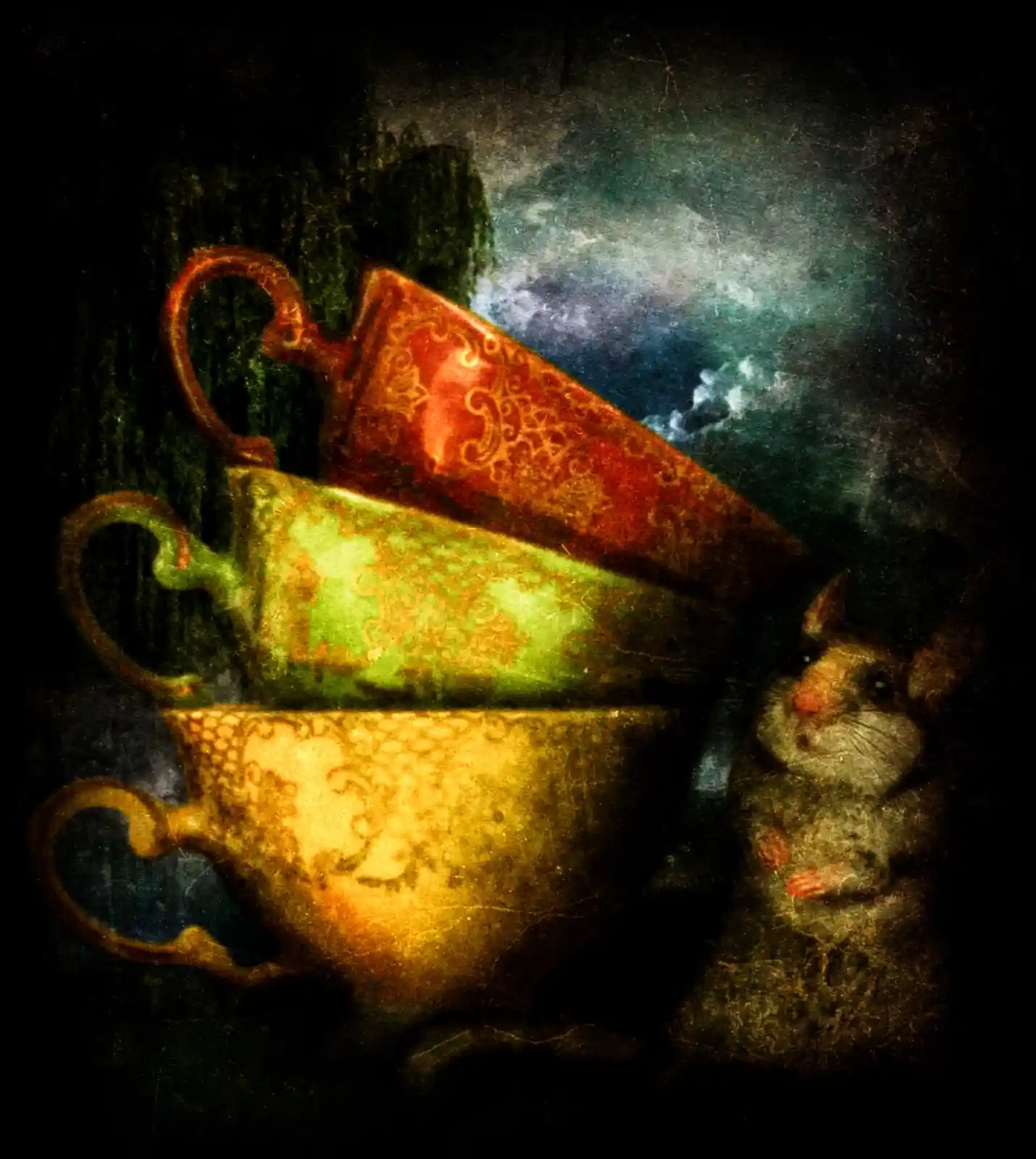 In a shadowed forest, three ornate teacups are stacked precariously, their colors—red, green, and gold—glowing against the gloom. Beside them, a small dormouse sits upright, its fur soft and eyes wide with curiosity. A sense of quiet and warmth fills the air, as if time has paused for this humble creature's tea party. It is a moment of stillness, a breath between stories, as the forest holds its secrets close.