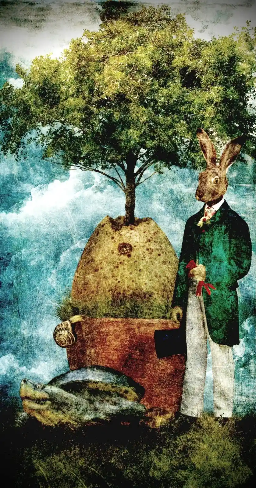  A distinguished hare in a green suit stands beside a strange, ovoid rock with a tree growing from its top. Beside him, a turtle gazes outward. The background is a dreamy sky, merging shades of blue and white. This surreal scene suggests a world where animal and plant collide with human ambition, creating a patchwork of possibilities and unanswered questions.