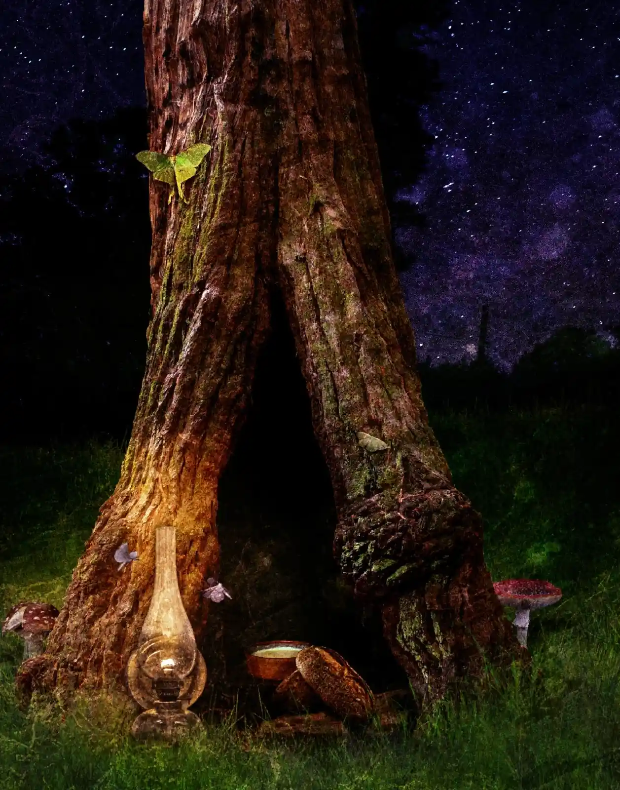 At the base of a towering, ancient tree, a lit lantern casts a warm glow amidst the night. Mushrooms sprout from the dark earth, their caps kissed by dim moonlight. Shadows dance, while a moth clings to the bark. This is a witch's nook, a shelter from the wild outside—a place where secrets are whispered between branches.