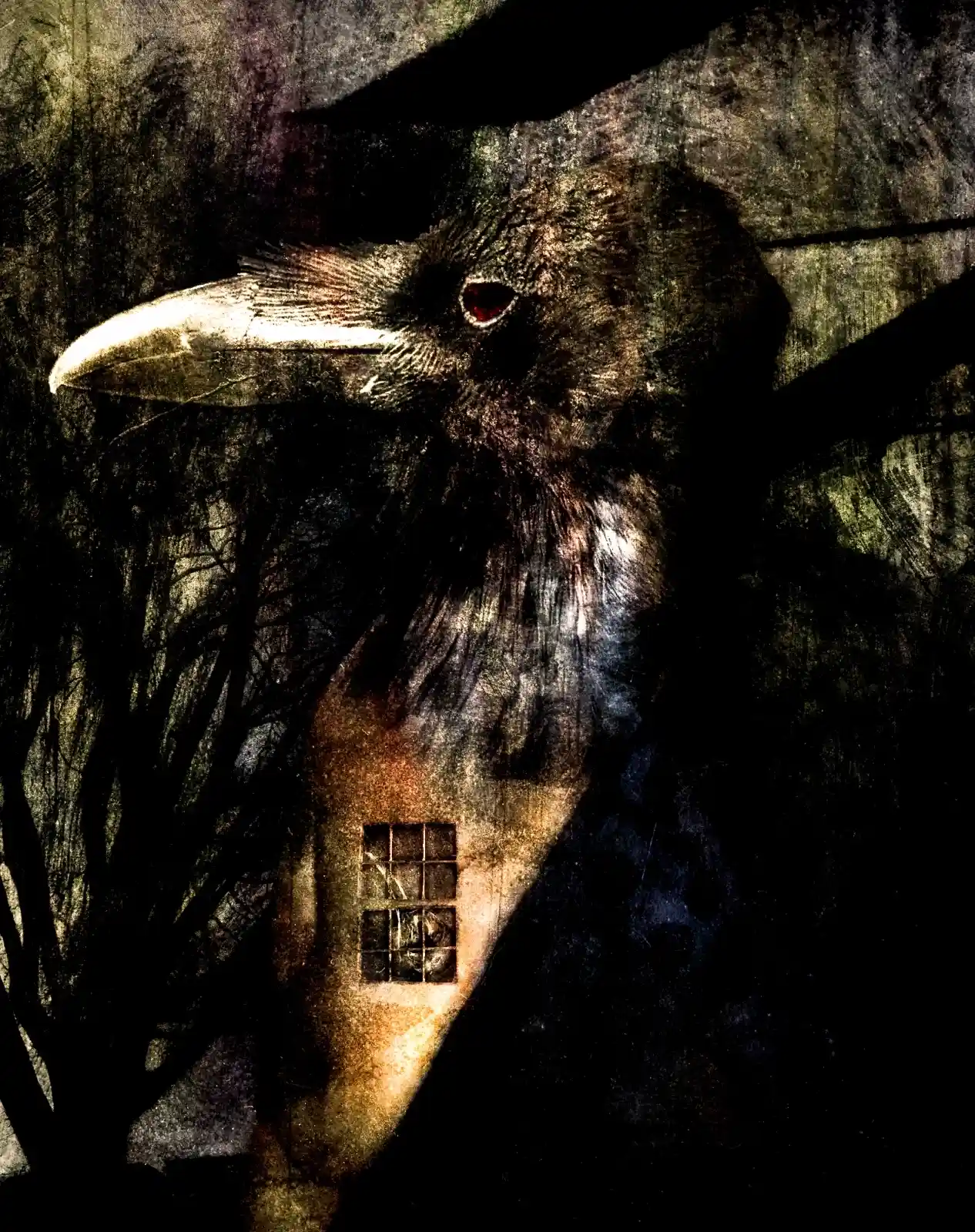 A raven dominates the scene, its black feathers a textured darkness against a background of leafless trees. Within its breast, a small window is lit by a faint glow, hinting at something—or someone—dwelling within. The eye of the raven is watchful, intense, holding untold stories behind its deep red glint.