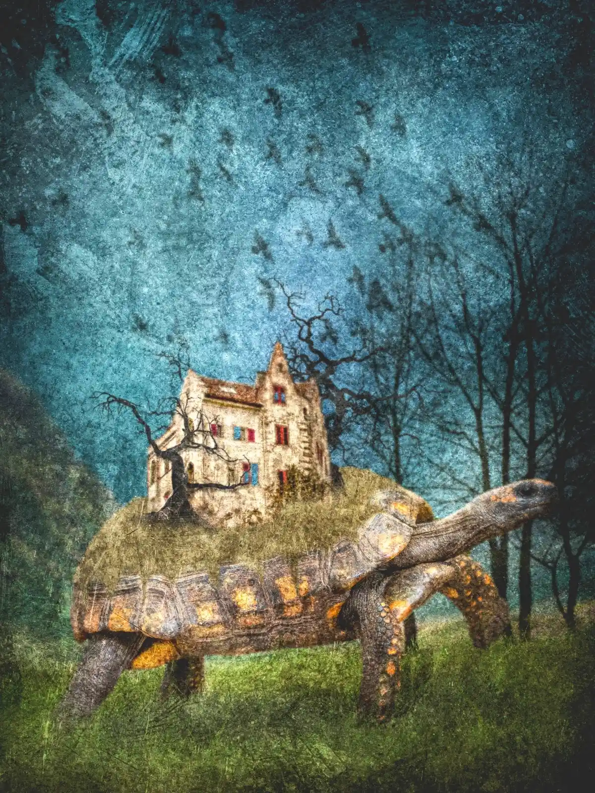 A giant tortoise carries an entire house upon its back, old and slightly crumbling. Birds scatter in the sky above, forming chaotic patterns like words of warning. The trees around are bare, their branches sharp against the sky. This is a place of restless stillness, where nature meets the worn structures of man.