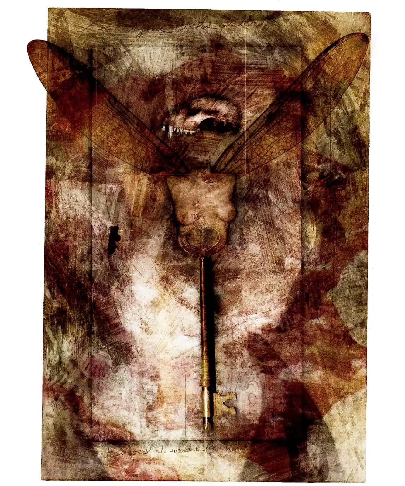 A delicate assemblage of an animal skull mounted on a brass key, fragile wings extending outwards in a grand, grim flourish. Behind, a blur of reds and browns creates a sense of motion. This is a map of the unknown, a talisman for those who traverse dangerous paths—where the doorway might just open to a hungry mouth.