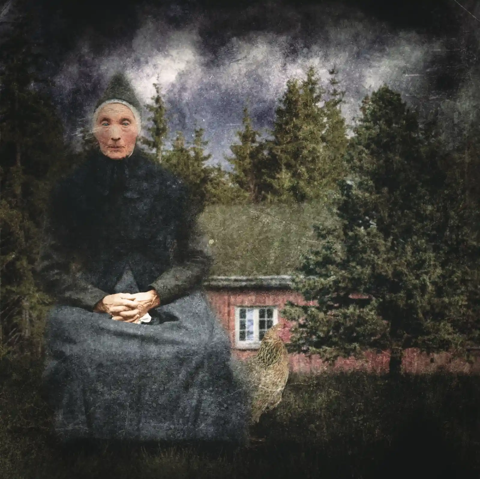 An elderly woman in dark clothes sits in front of a modest wooden home. A chicken stands nearby, both keeping silent company. The trees are tall and the sky is turbulent, as if reflecting the weight of years gone by. Here, every wrinkle and every weathered plank tells a story of survival.