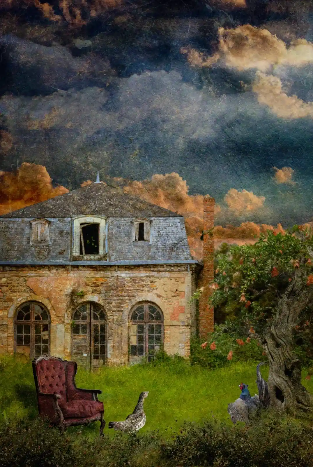 An abandoned brick manor stands under a swirling sky of orange and grey. An empty chair sits in the overgrown grass, facing a pair of pheasants near a twisted tree. It is a scene of decay and neglect, but also of stubborn beauty—the remnants of a life that once thrived.