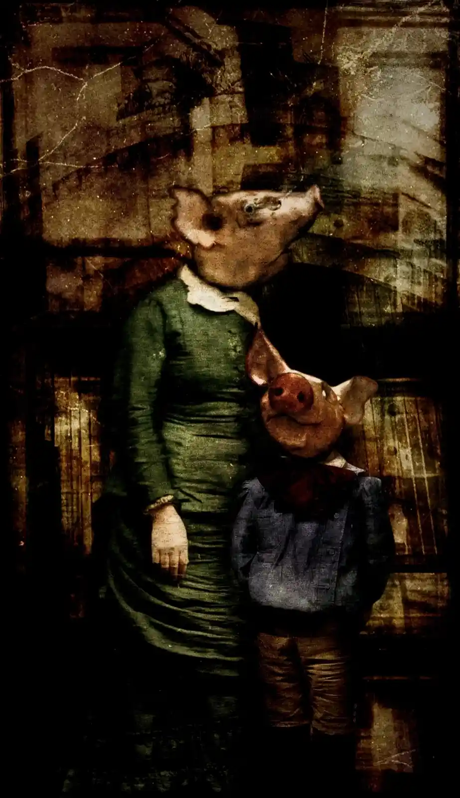 Two pig-headed figures stand solemnly against a backdrop of a dark, distorted cityscape. One is in a deep green Victorian gown, the other in a child's sailor suit. Their eyes are empty, like porcelain masks. The air is thick with a sense of foreboding, as if they have wandered far from their barnyard homes into a place where even the cobblestones hold secrets.