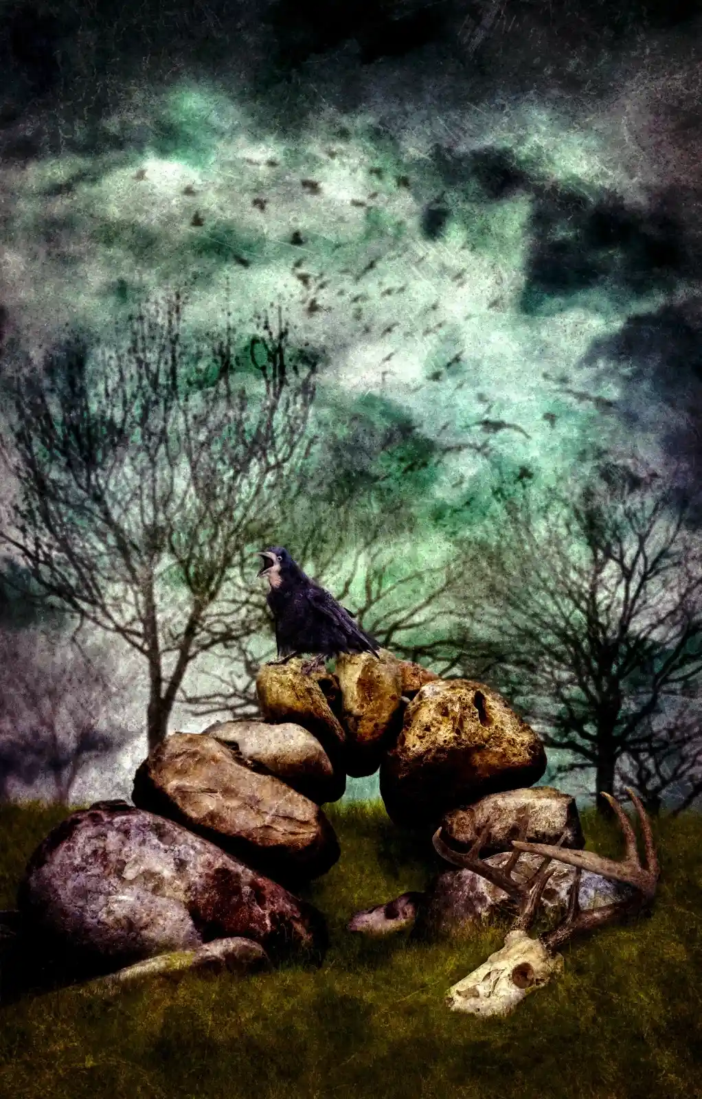 A raven stands sentinel on a crumbling arch of mossy stones, encircled by a lifeless winter forest. Above, a stormy green sky churns with the flurry of black-winged souls in flight. A skull, half-buried among the stones, stares sightlessly. The raven's caw pierces the silence, a warning or an invitation, depending on who's listening, and the archway seems to hum with ancient, lost voices.